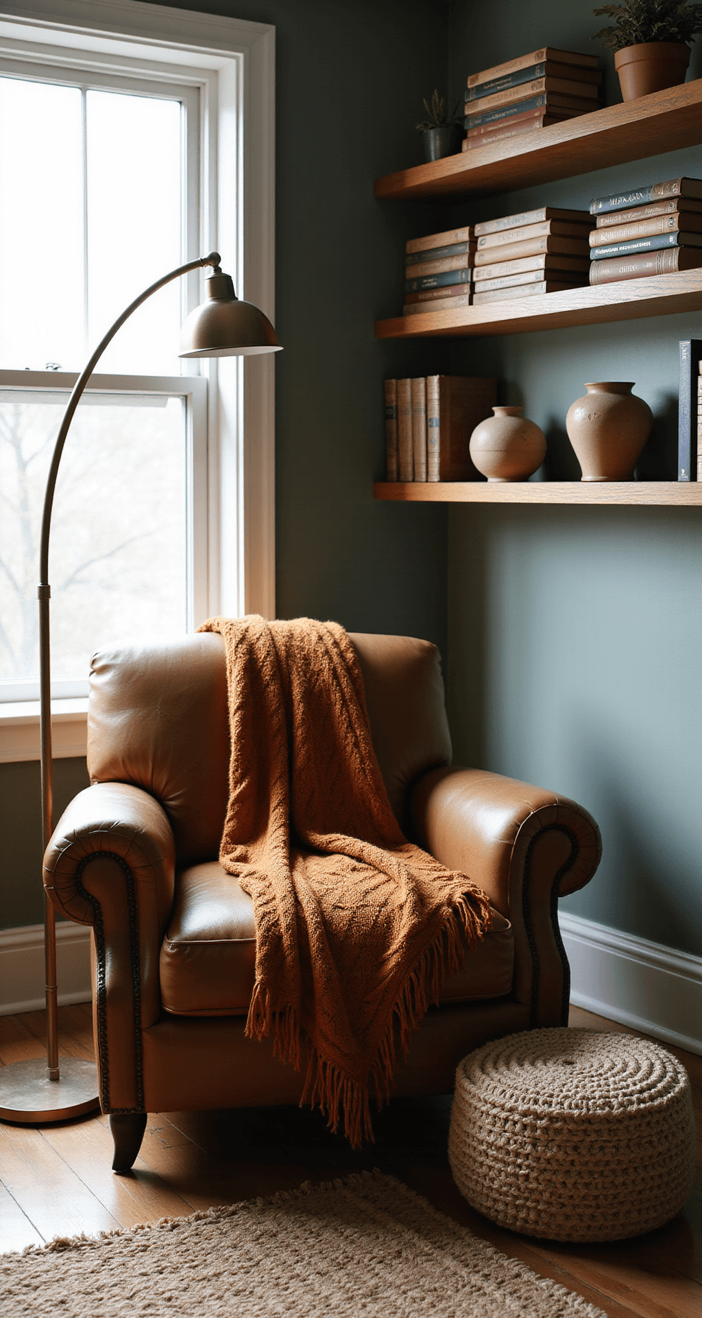 Intimate reading nook in a small bedroom corner featuring an oversized vintage leather armchair draped with a caramel cable knit throw, illuminated by afternoon light. An antique brass floor lamp arches overhead, alongside floating oak shelves displaying worn books and earthenware vessels. A handwoven floor pouf in natural wool adds to the cozy atmosphere, with dramatic shadows highlighting the leather texture against a muted sage green accent wall.