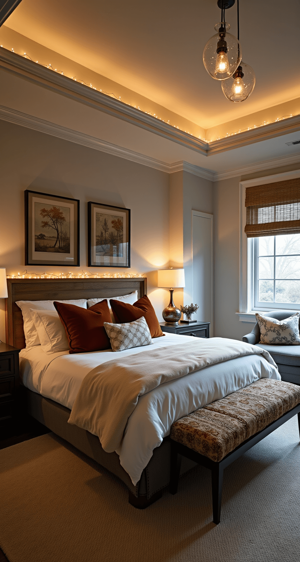 A cozy master bedroom at dusk featuring a 10ft tray ceiling, ambient lighting from mercury glass pendants and vintage lamps, styled with a king bed dressed in white linen and rustic accents, with an elevated corner view highlighting the rich textures of wallpaper, carpet, and bamboo shades.