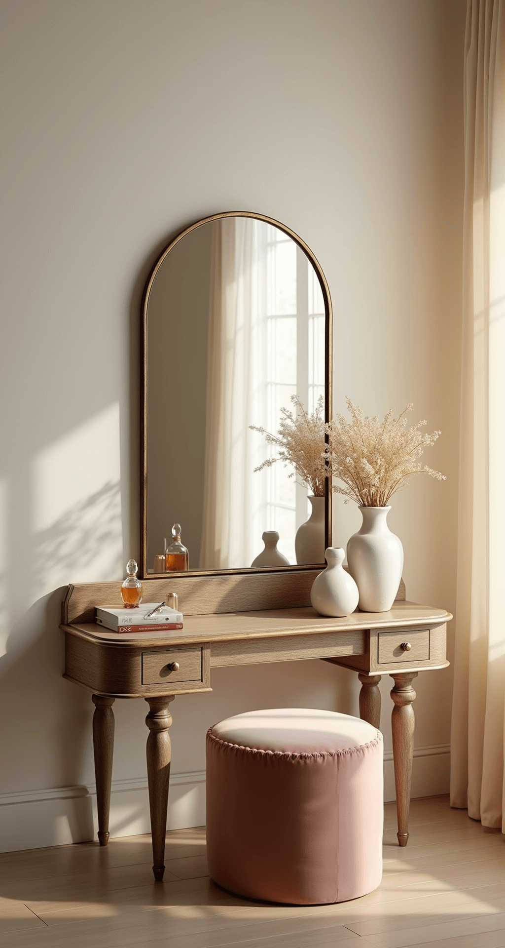 A dreamy vanity vignette illuminated by morning light, featuring a curved Art Deco brass-framed mirror above a weathered wood console, with vintage perfume bottles and ceramic vessels arranged asymmetrically, a dusty rose velvet stool, and soft drapery panels creating an ethereal glow; color palette includes cream, blush, and antiqued brass tones.