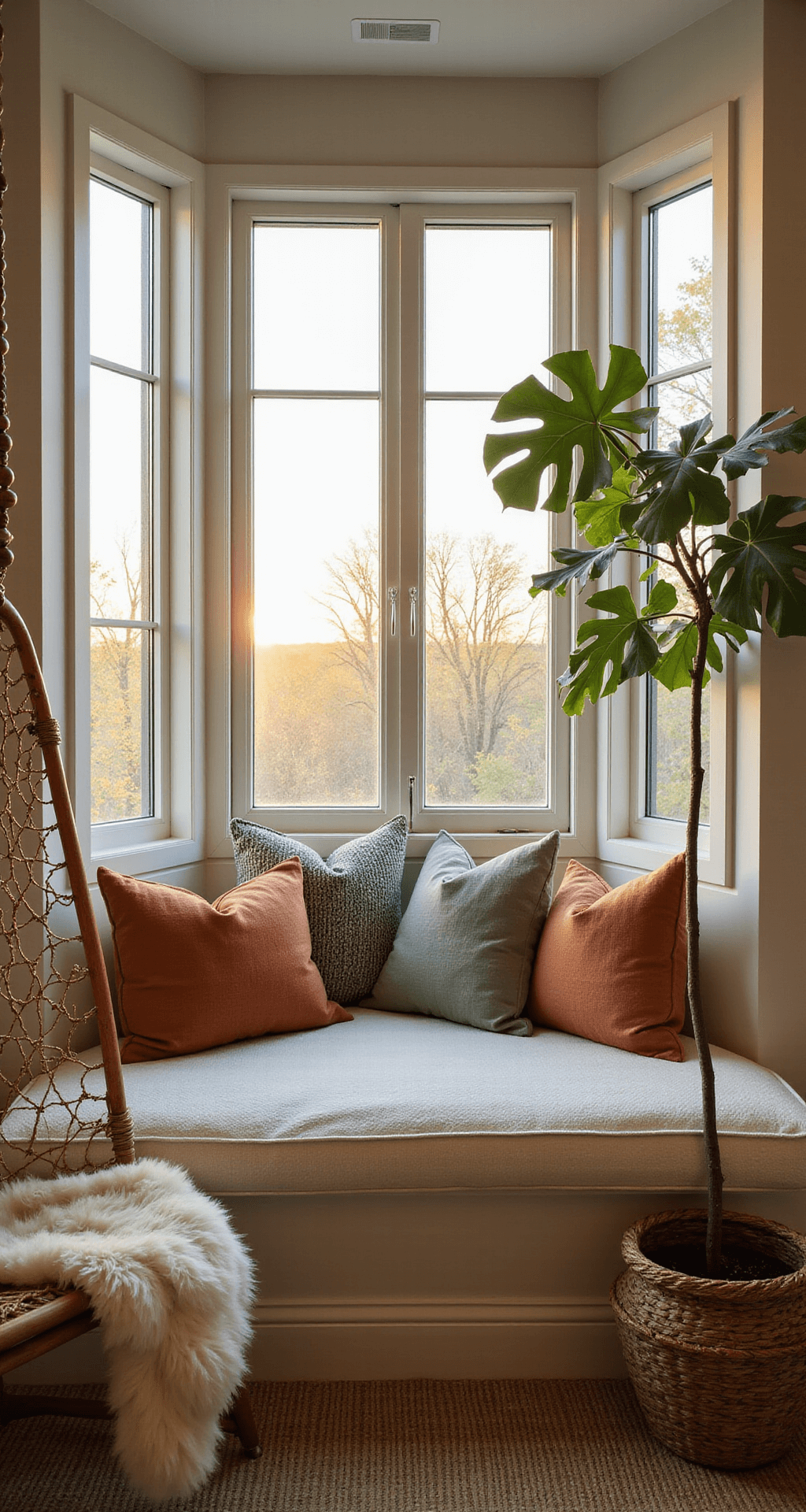 Cozy bay window sanctuary at sunset, featuring textured cream cushions, handmade pillows in rust and sage tones, a hanging rattan chair with a sheepskin throw, and a potted fiddle leaf fig, all illuminated by warm window light.
