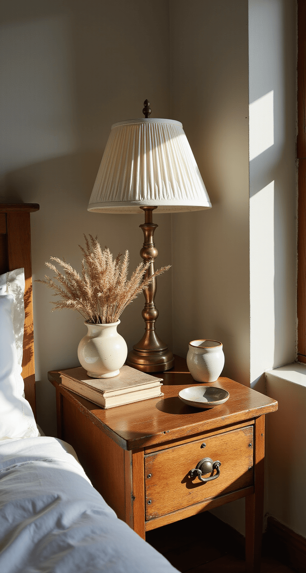 A softly lit bedside tableau featuring a vintage brass lamp on a wooden nightstand, adorned with a ceramic vessel of dried pampas grass, stacked antique books, and a hand-thrown pottery dish, viewed from above at a 45-degree angle.