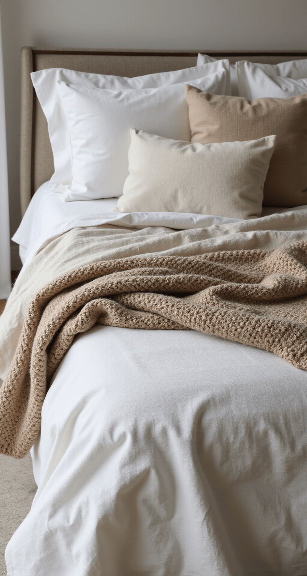 A cozy bed styled with rumpled warm white linen sheets, a quilted cotton coverlet, and a chunky oatmeal knit throw, layered with a collection of pillows in vintage French linen, handwoven wool, and muted velvet, all captured in diffused afternoon light to highlight the textures and subtle variations in a neutral palette.
