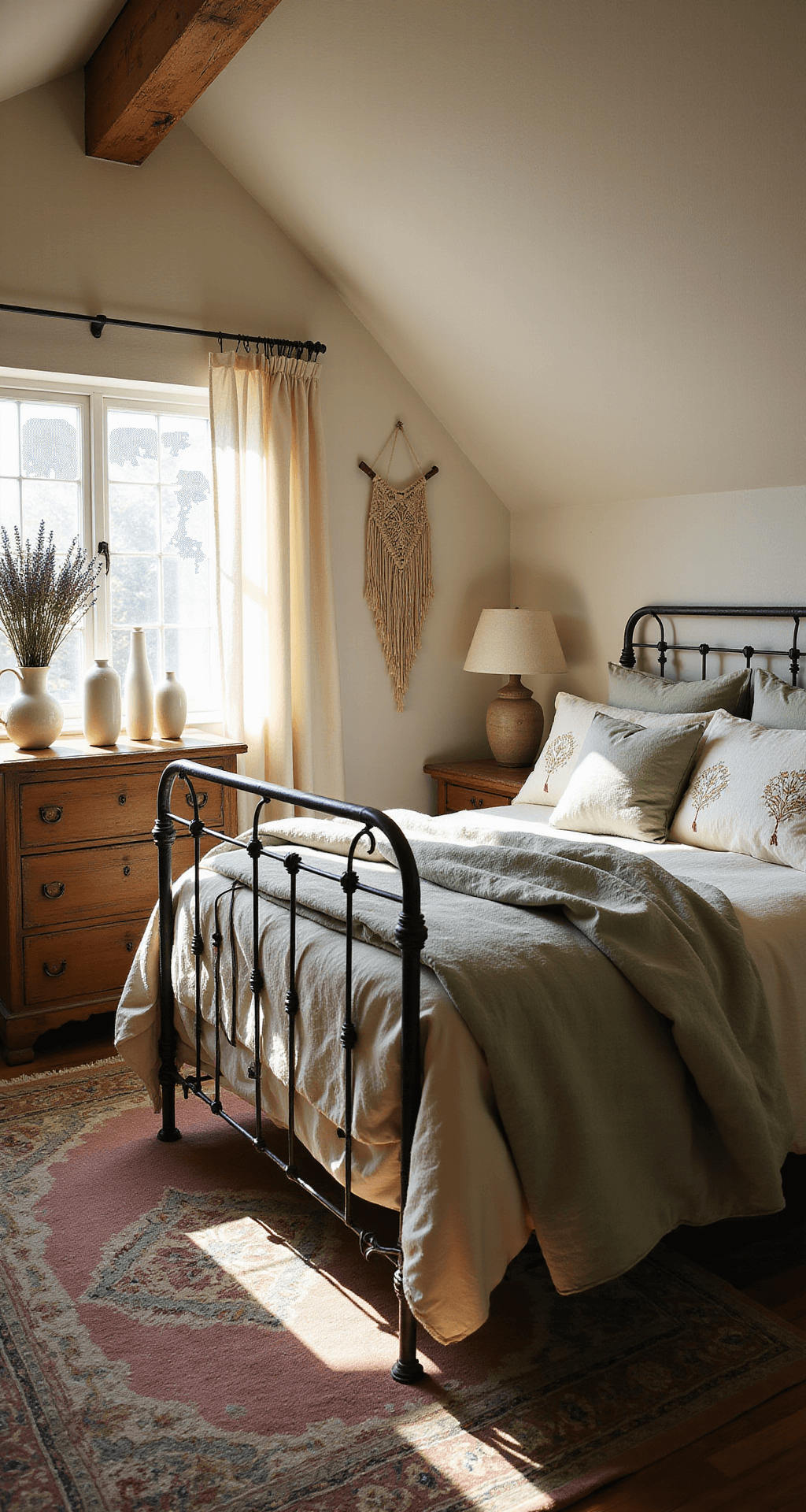 A cozy cottagecore bedroom featuring a vintage iron bed with cream and sage green bedding, a weathered oak dresser with milk glass vases of dried lavender, and a macramé wall hanging, all illuminated by natural golden hour light filtering through billowing linen curtains.