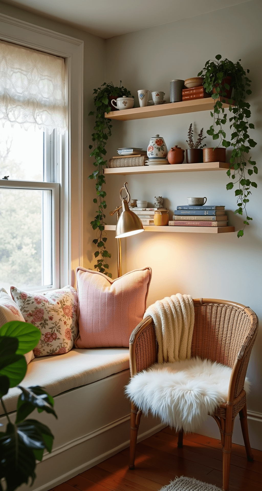 Intimate cottagecore reading nook featuring a bay window seat outfitted with vintage floral cushions and chunky knit throws, illuminated by warm light from an antique brass floor lamp. Floating shelves display teacups and worn leather books, while potted English ivy trails down the wall. A woven rattan chair adorned with a sheepskin throw sits nearby, all bathed in soft early morning light filtering through lace curtains.
