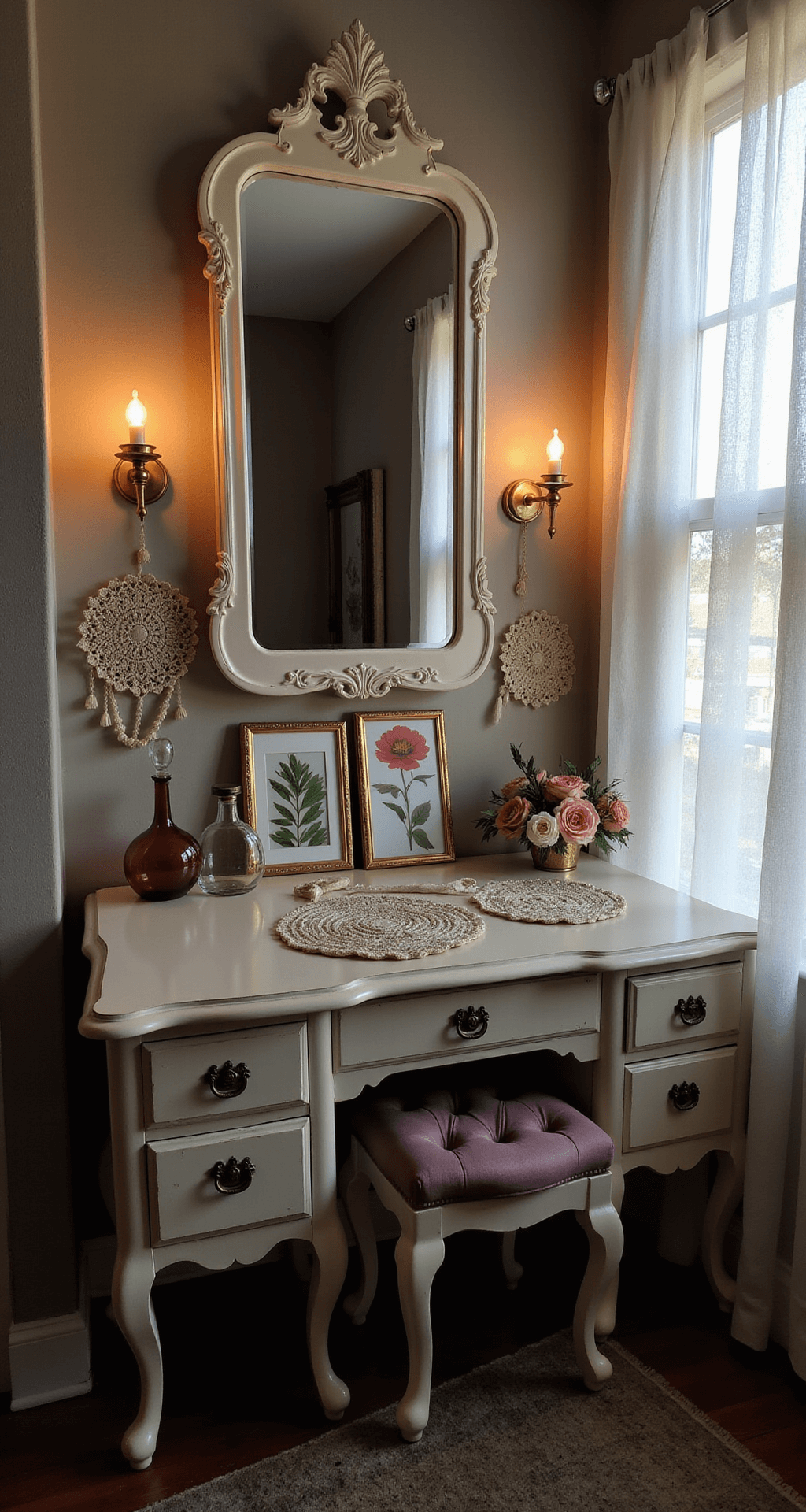 A cozy dusk-lit bedroom featuring a restored Victorian dressing table in cream, adorned with a vintage mirror and brass candlesticks, surrounded by blown glass perfume bottles. Hand-crocheted doilies and pressed flower art in gilded frames enhance the decor, while a velvet stool in dusty plum adds a touch of elegance. Soft backlight from sheer curtains, complemented by warm lighting, creates a moody, romantic atmosphere.