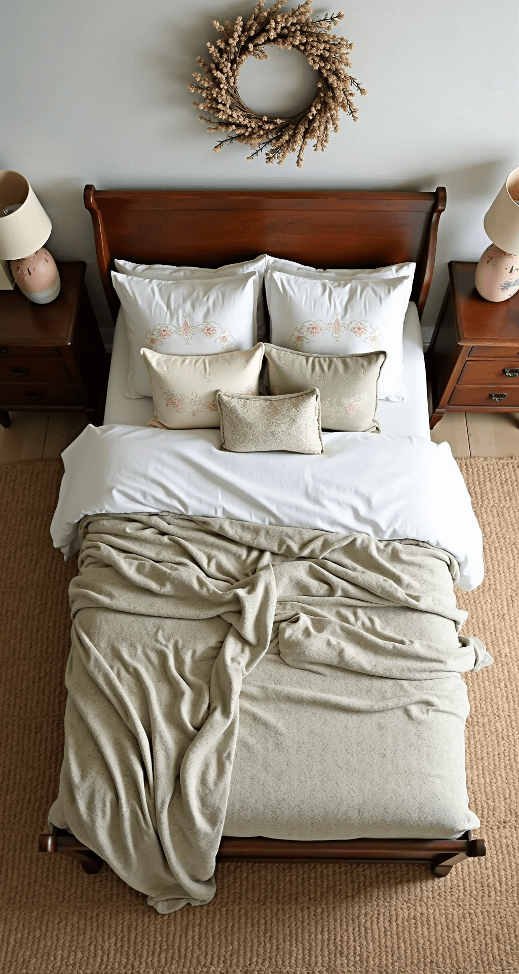 Overhead view of a cozy cottagecore bedroom featuring a queen-sized wooden sleigh bed with layers of sage, cream, and blush bedding, embroidered European shams, and knitted throws. A dried flower wreath adorns the headboard, and a braided jute rug is beneath the bed, with antique bedside tables and pottery lamps on either side.