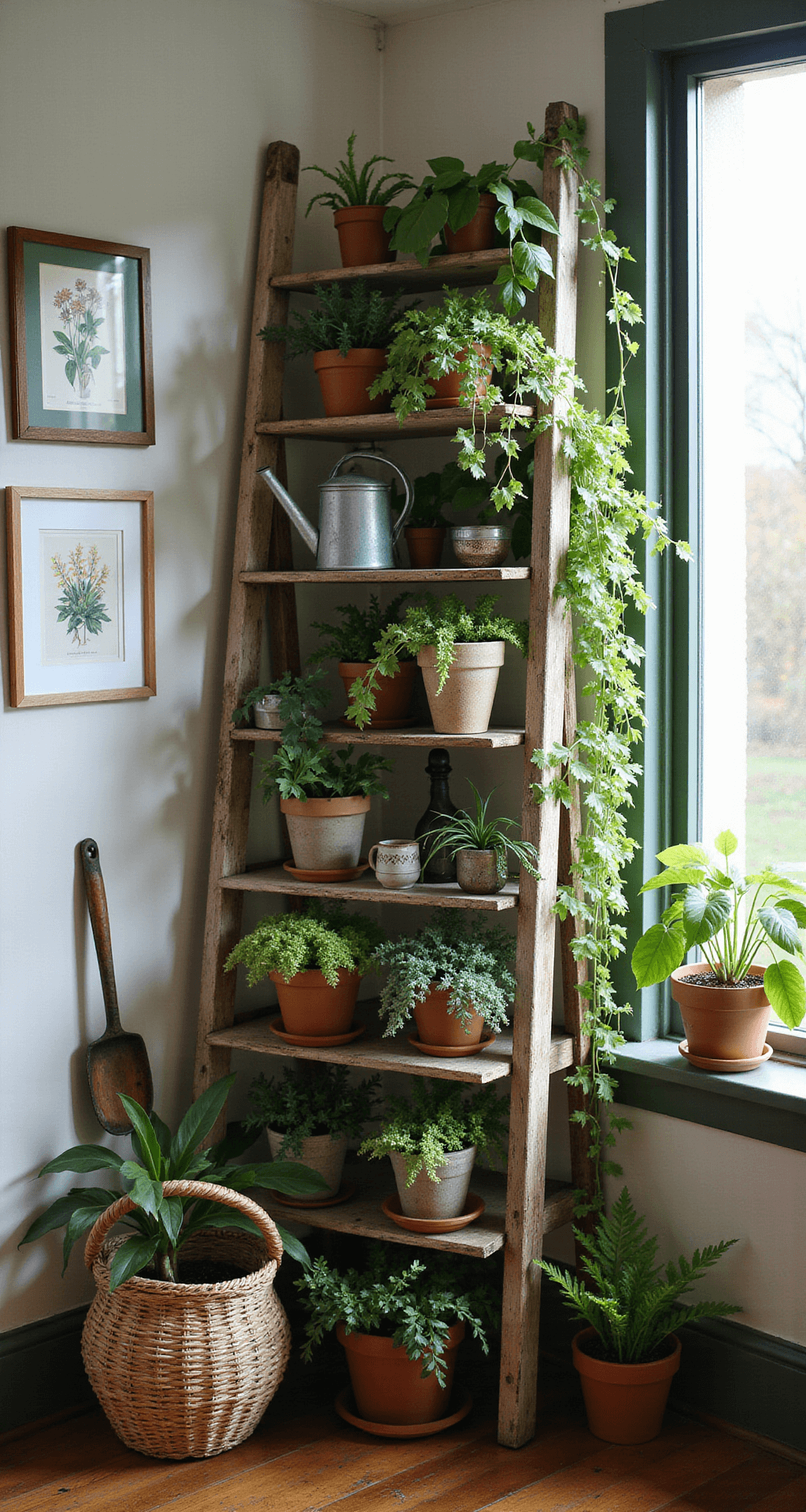A cozy cottagecore plant sanctuary featuring a weathered ladder shelf adorned with ceramic and terra cotta pots filled with trailing ivy, ferns, and blooming plants, illuminated by warm late afternoon light. Botanical prints hang in mismatched frames, while a vintage watering can and garden tools sit nearby, alongside a woven basket containing extra pots. The scene is captured at a 45-degree angle, highlighting the rich greenery and natural sidelight coming through a window.