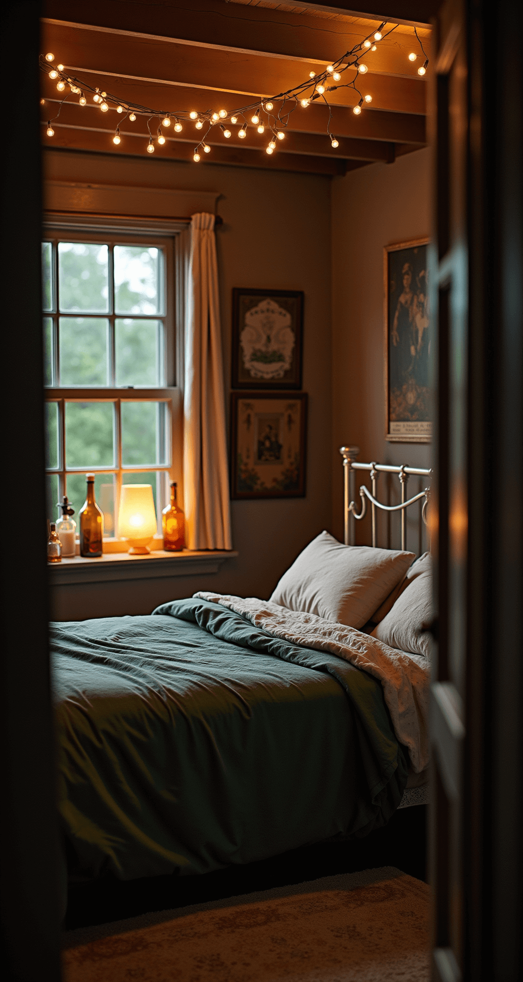 Cozy twilight bedroom featuring an antique brass bed with white iron details, layered in vintage green and cream linens, illuminated by warm oil lamp light and string lights draped across wooden beams, with amber glass bottles on the windowsill catching the last sunlight.