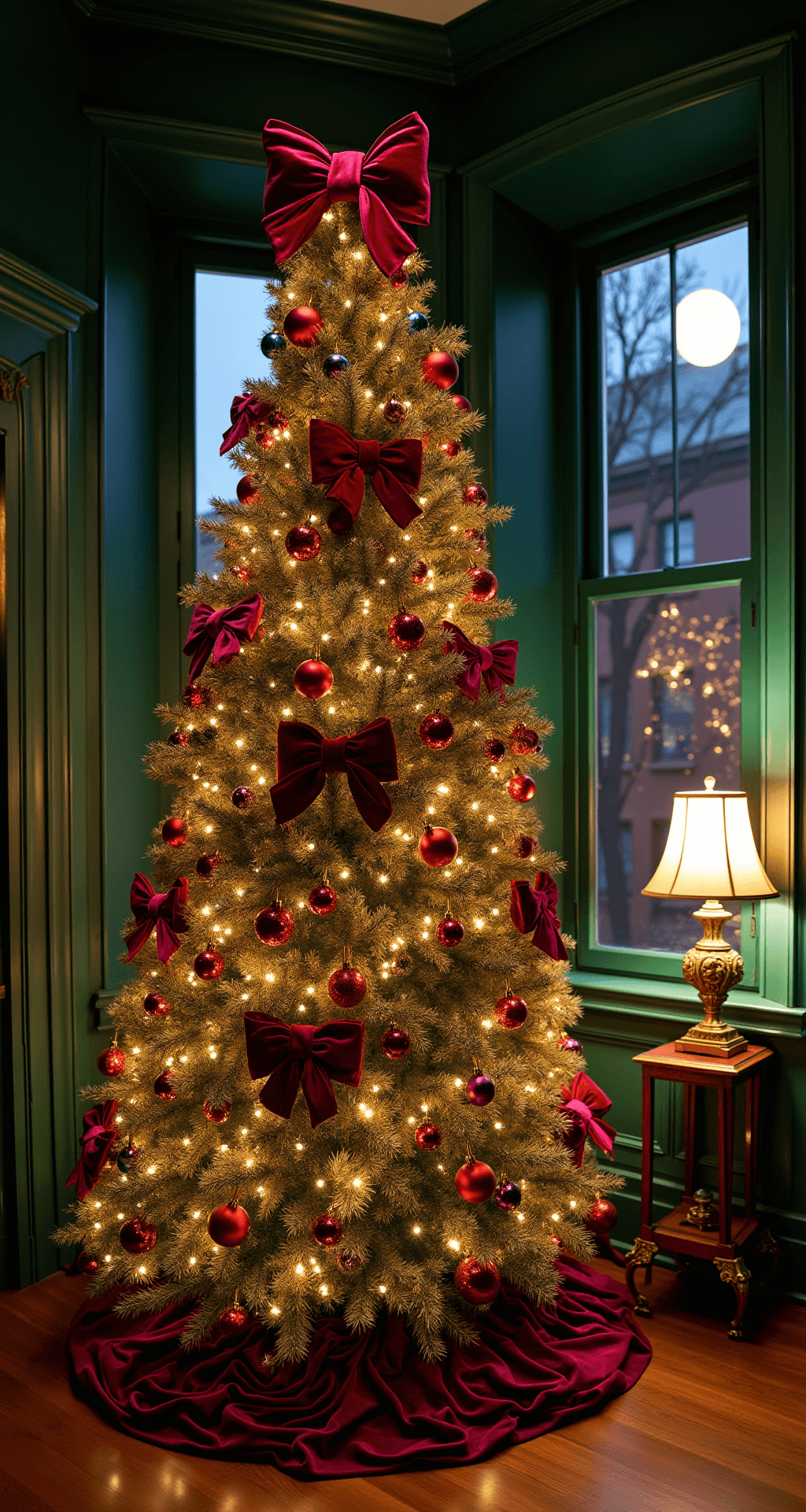 A majestic 8ft Christmas tree adorned with gold tinsel, oversized burgundy bows, and an array of jewel-toned ornaments, set in a Victorian-style bay window alcove with deep emerald walls; illuminated by tree lights, a vintage brass floor lamp, and moonlight, captured from a low angle to highlight its grandeur and intricate ornament detail.