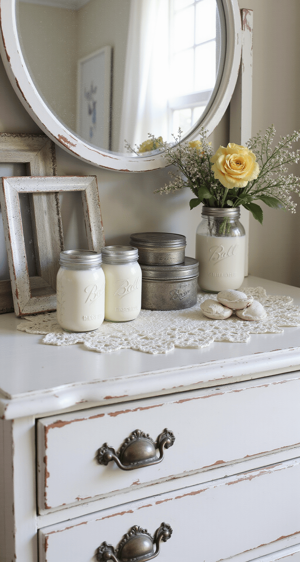 Close-up of a distressed white dresser adorned with a vintage mirror, milk glass collection, and fresh wildflowers in mason jars, all softly illuminated by morning light. Delicate lace doilies, tarnished silver frames, and hand-painted ceramic trinket boxes add to the dreamy, nostalgic atmosphere, captured with macro focus on intricate textures.