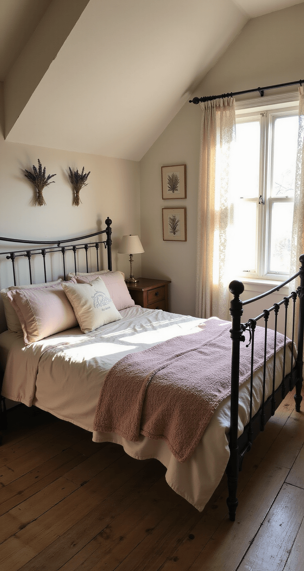 A cozy sunlit bedroom featuring a vintage iron bed layered with dusty rose linens and embroidered pillows, set against creamy white walls and weathered oak floorboards. Gauzy lace curtains filter warm golden hour light, casting soft shadows, while dried lavender bundles and botanical prints enhance the charming cottage aesthetic.