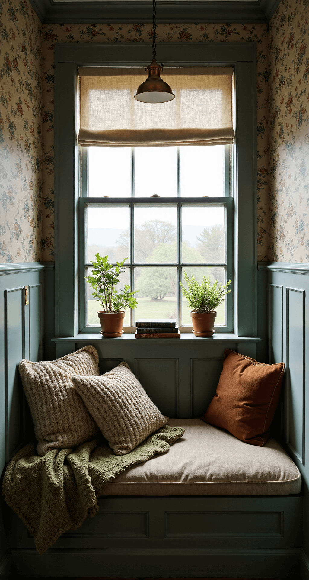 An intimate reading nook with a deep-set window seat, featuring sage green wainscoted walls and floral wallpaper above. The space includes chunky knit blankets piled on vintage velvet cushions, a warm brass lamp illuminating leather-bound books, and potted herbs on window sills behind sheer cotton panels, all captured during blue hour.