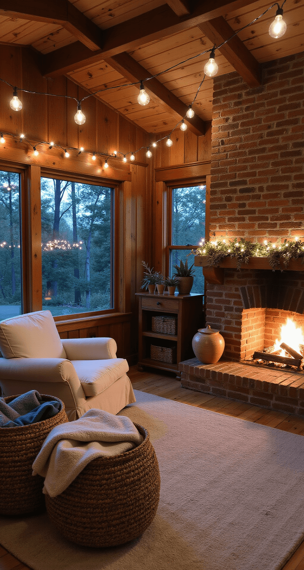 Cozy living room at dusk with exposed wooden beams, oversized linen armchair facing a brick fireplace filled with pottery, layered vintage rugs, string lights over hydrangea garlands, and woven baskets with wool blankets, captured from an elevated position with warm firelight illuminating blue twilight windows.