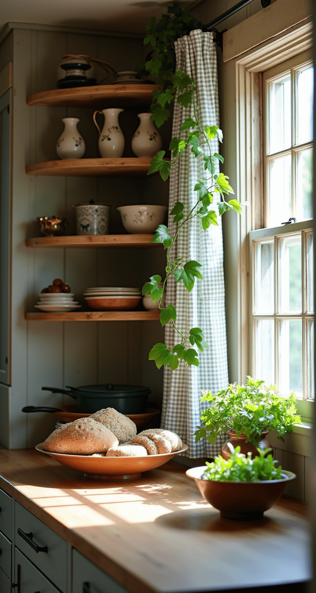 A cozy cottage kitchen bathed in morning light, featuring open reclaimed wood shelves adorned with ironstone pitchers and copper cookware, climbing ivy along the window frames, a butcher block counter with ceramic bowls of herbs and sourdough bread, and fluttering gingham curtains, highlighting rich textures and natural side lighting.