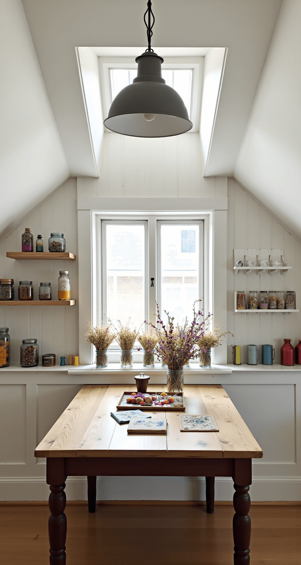 A bright craft room featuring an antique pine table beneath a vintage pendant lamp, showcasing needlework projects. Dried wildflowers in mason jars line whitewashed windowsills, while thread spools in rainbow colors are displayed on wall-mounted racks, all illuminated by soft northern light.