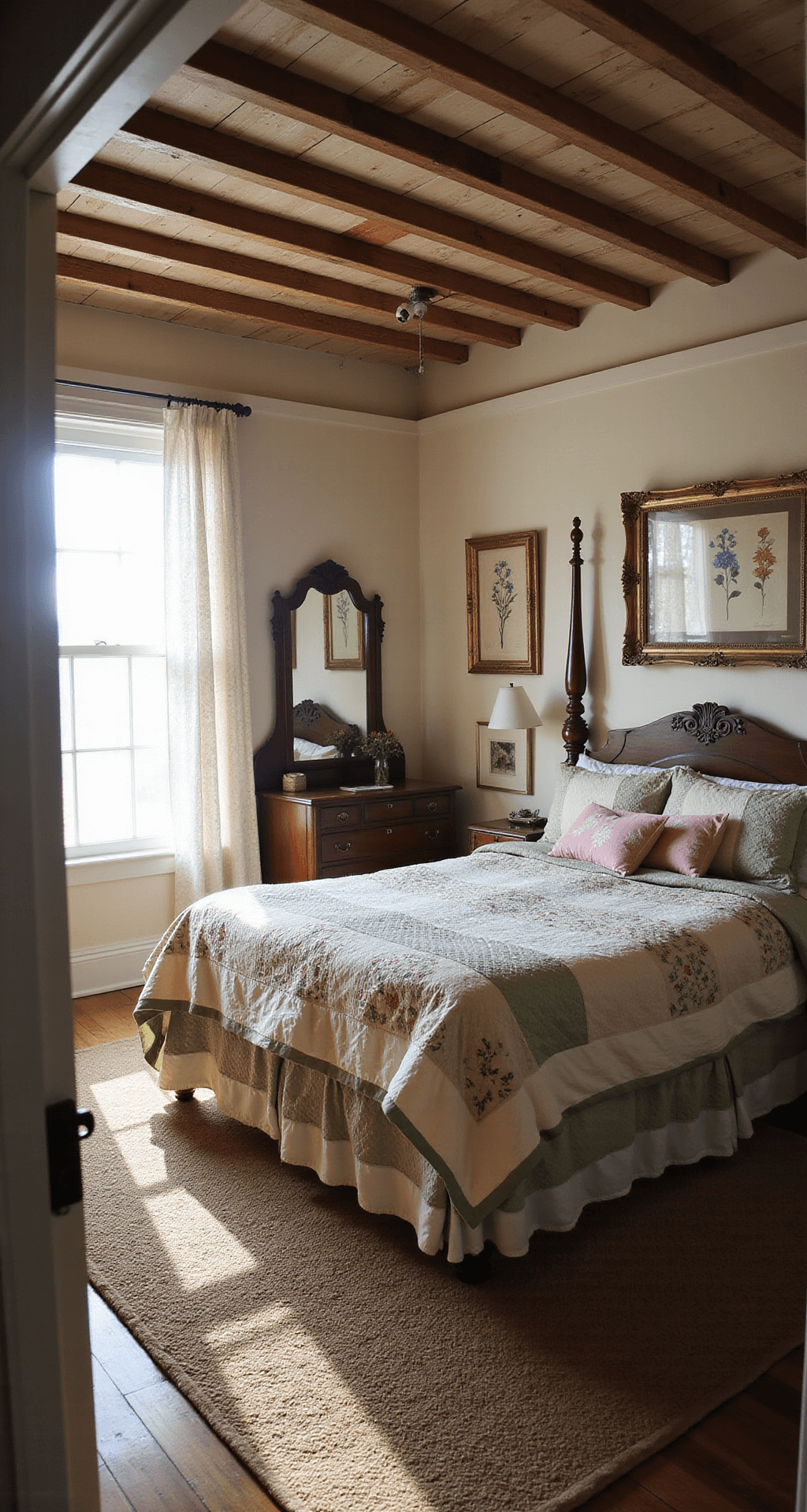 Serene bedroom at sunrise with exposed ceiling rafters, four-poster bed in vintage quilts, antique vanity reflecting light, pressed flower art on pale walls, and braided wool rug, viewed from doorway with morning light streaming through eyelet curtains.