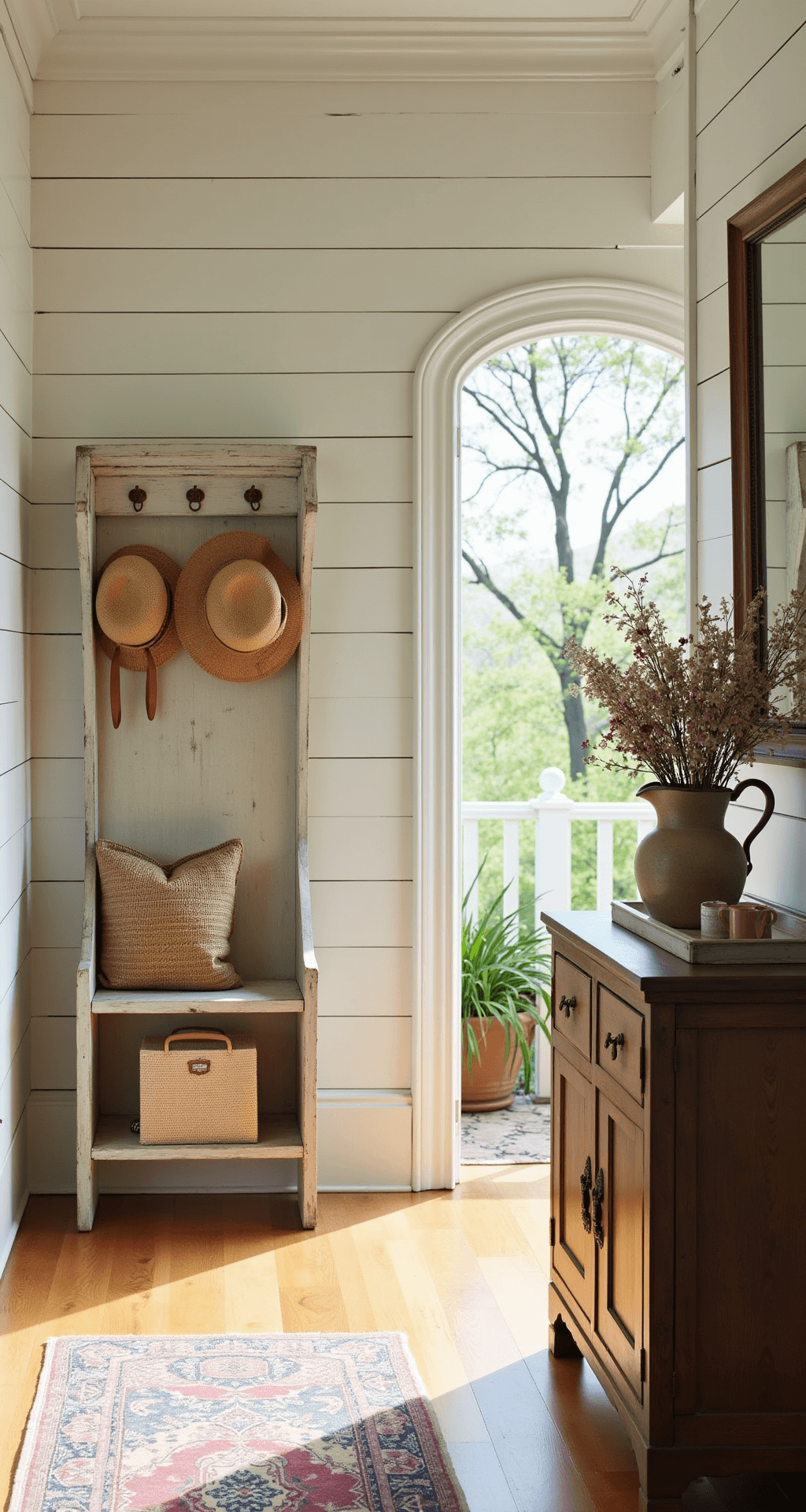 A sunlit entryway featuring whitewashed shiplap walls and honeyed wood floors, with a vintage hall tree holding straw hats and market bags, antique corbels surrounding an arched doorway, and fresh wildflowers in a ceramic pitcher on a console, all captured at eye level.