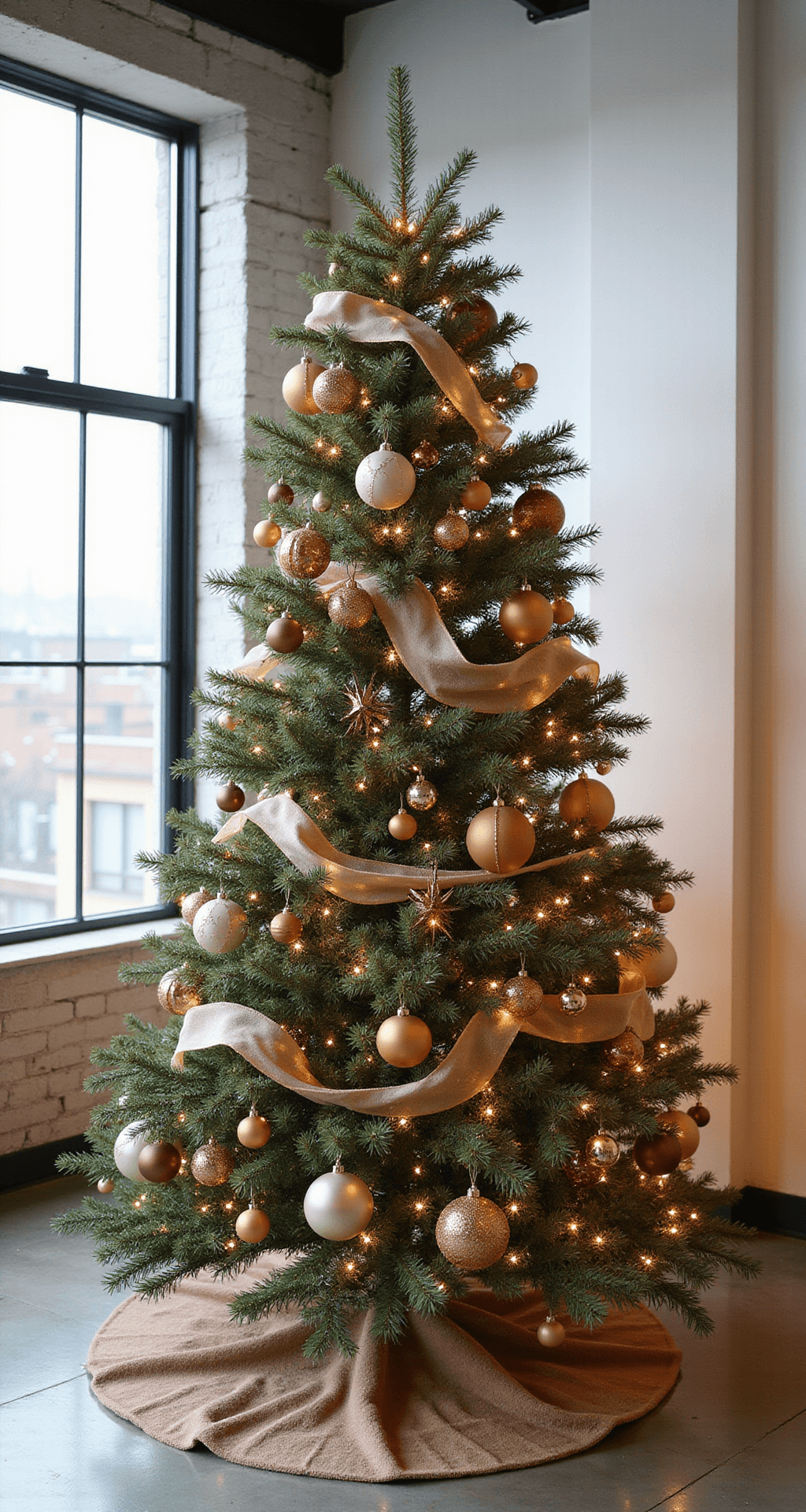 A minimalist contemporary loft featuring a 7ft tree decorated in mocha, cream, and champagne tones, illuminated by morning light through industrial windows, with metallic accents and a clean backdrop of concrete floors and white walls.