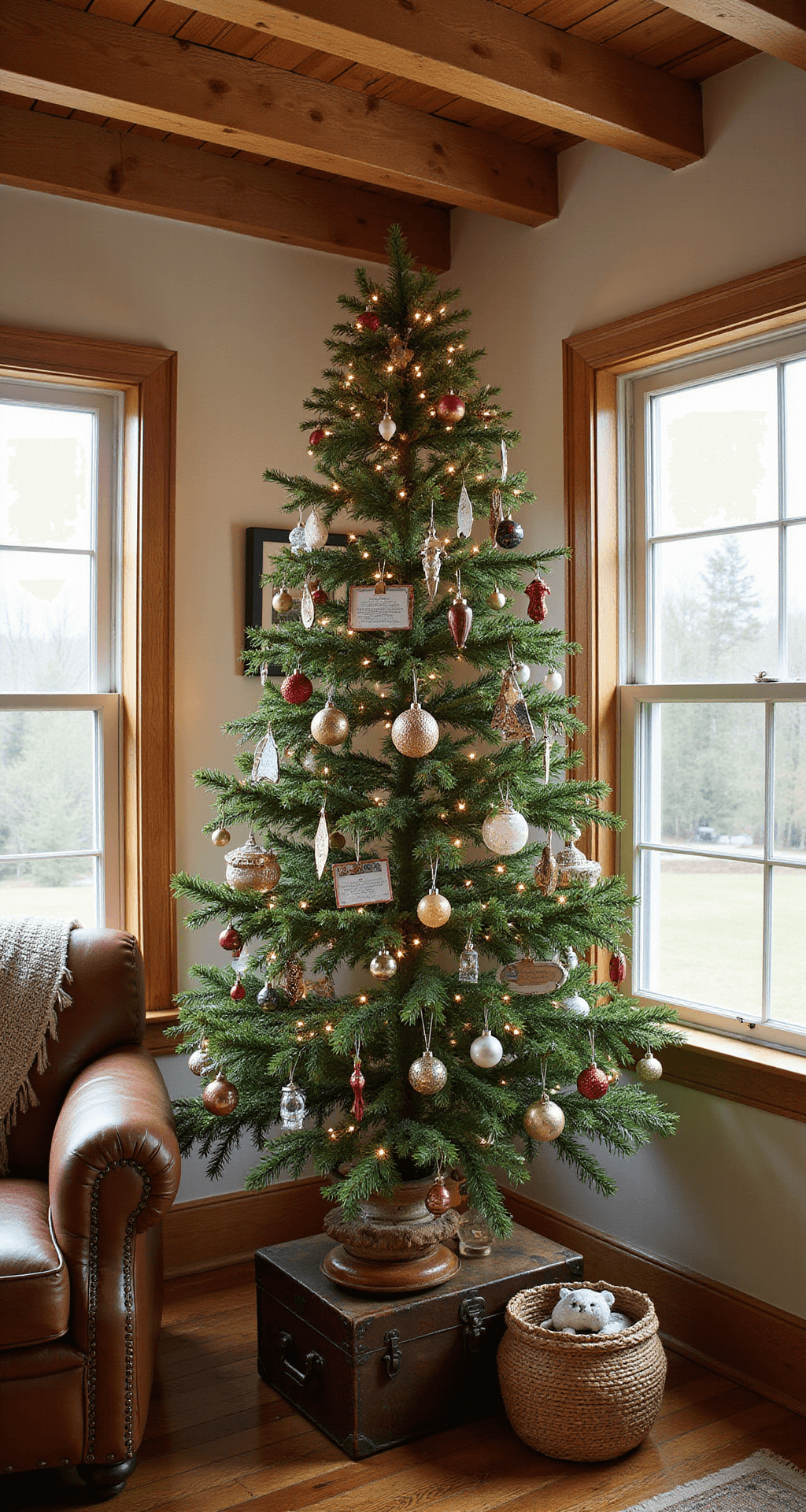 Cozy farmhouse living room corner with a 6ft nostalgia-themed Christmas tree adorned with antique glass ornaments, handmade decorations, and travel souvenirs. A vintage trunk serves as the tree base, surrounded by an aged leather armchair and a crocheted throw, all bathed in warm late afternoon lighting from natural wood beams overhead. The image captures an intimate perspective, highlighting the intricate details of the ornaments and the storytelling elements of the space.