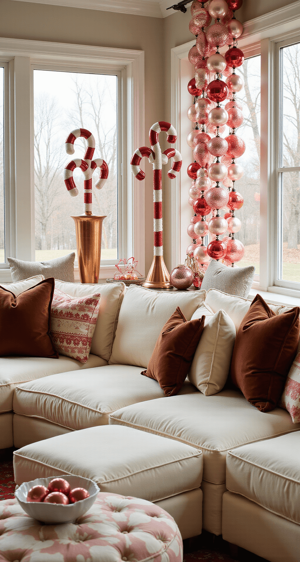 A brightly lit living room corner decorated in a 'Candy Cane Wonderland' theme, featuring a cream sectional with gingerbread pillows, tall lollipop decorations, hanging baubles, and a window seat with candy-themed textiles.