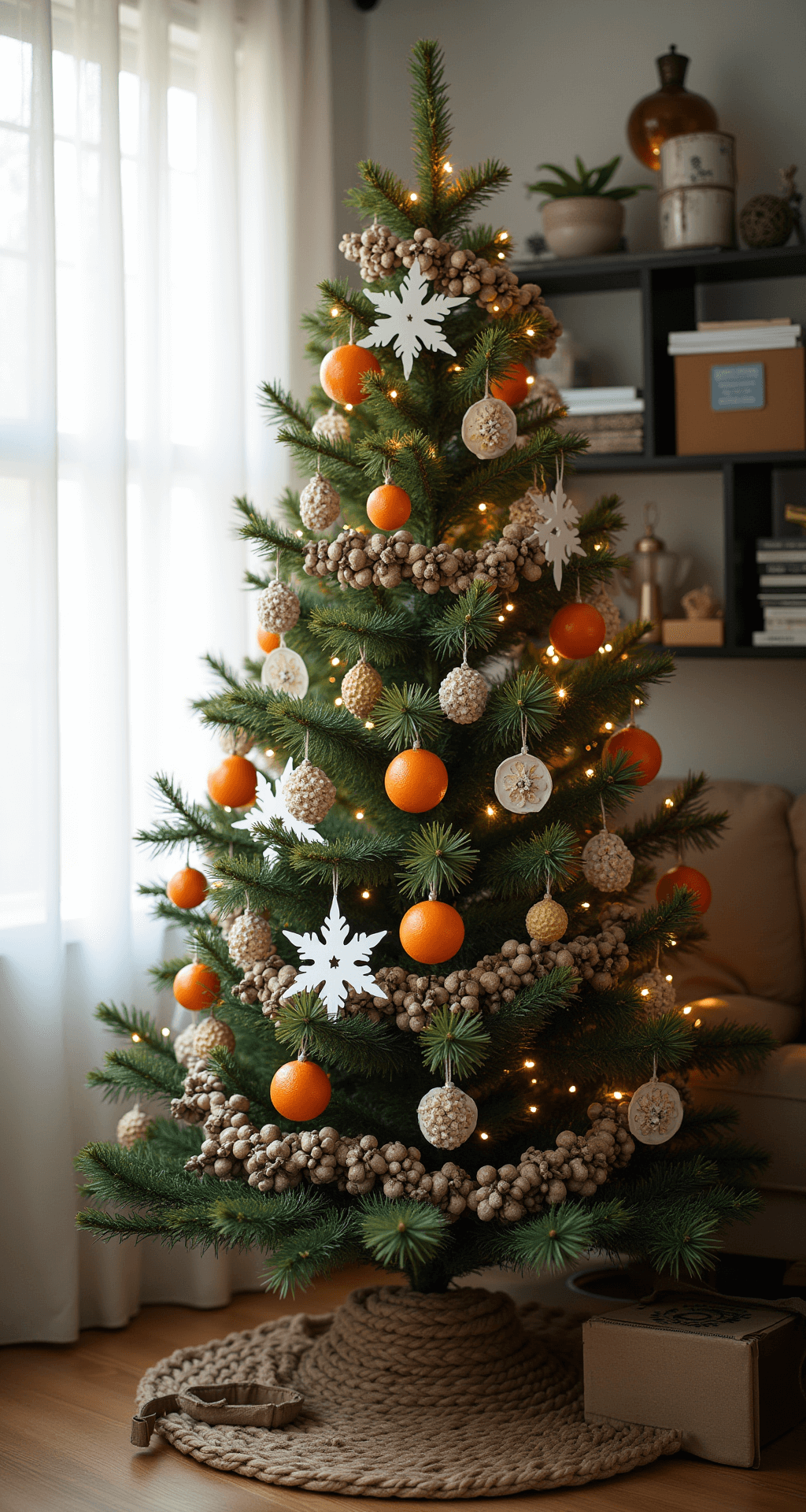 A small apartment living room decorated for a budget-conscious holiday, featuring a 6ft Christmas tree adorned with pinecone garlands, orange slices, paper snowflakes, and repurposed ribbon. Afternoon light filters through sheer curtains, highlighting the DIY creations and natural color palette in a cozy, inviting setting.