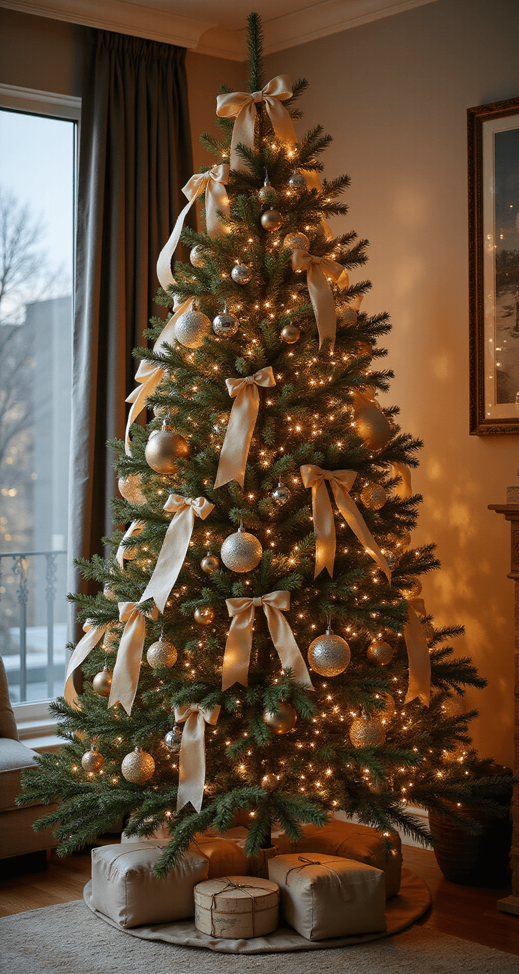 A professionally designed living room featuring an 8ft Christmas tree adorned with velvet ribbons, metallic ornaments, and wooden accents, illuminated with layered lighting in a warm evening scene. The modern furnishings in neutral tones complement the tree, while the image captures the interplay of light and texture, showcasing matte, shine, and glitter elements in a harmonious arrangement from a corner angle.
