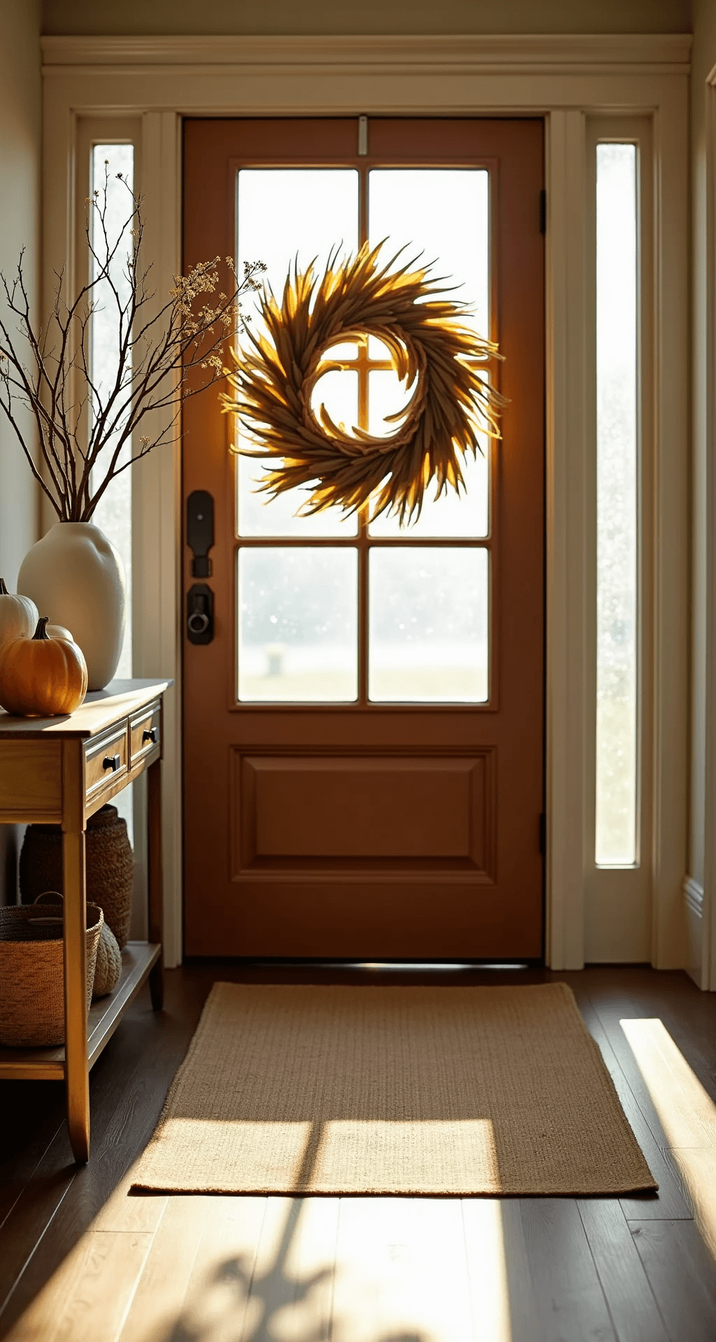 A warm and inviting entryway featuring a frosted glass door, vintage brass console table adorned with white ceramic pumpkins and amber glass vessels, a large preserved leaf wreath, and a natural jute runner on weathered oak flooring, all captured at golden hour with dramatic shadows and a rich color palette.