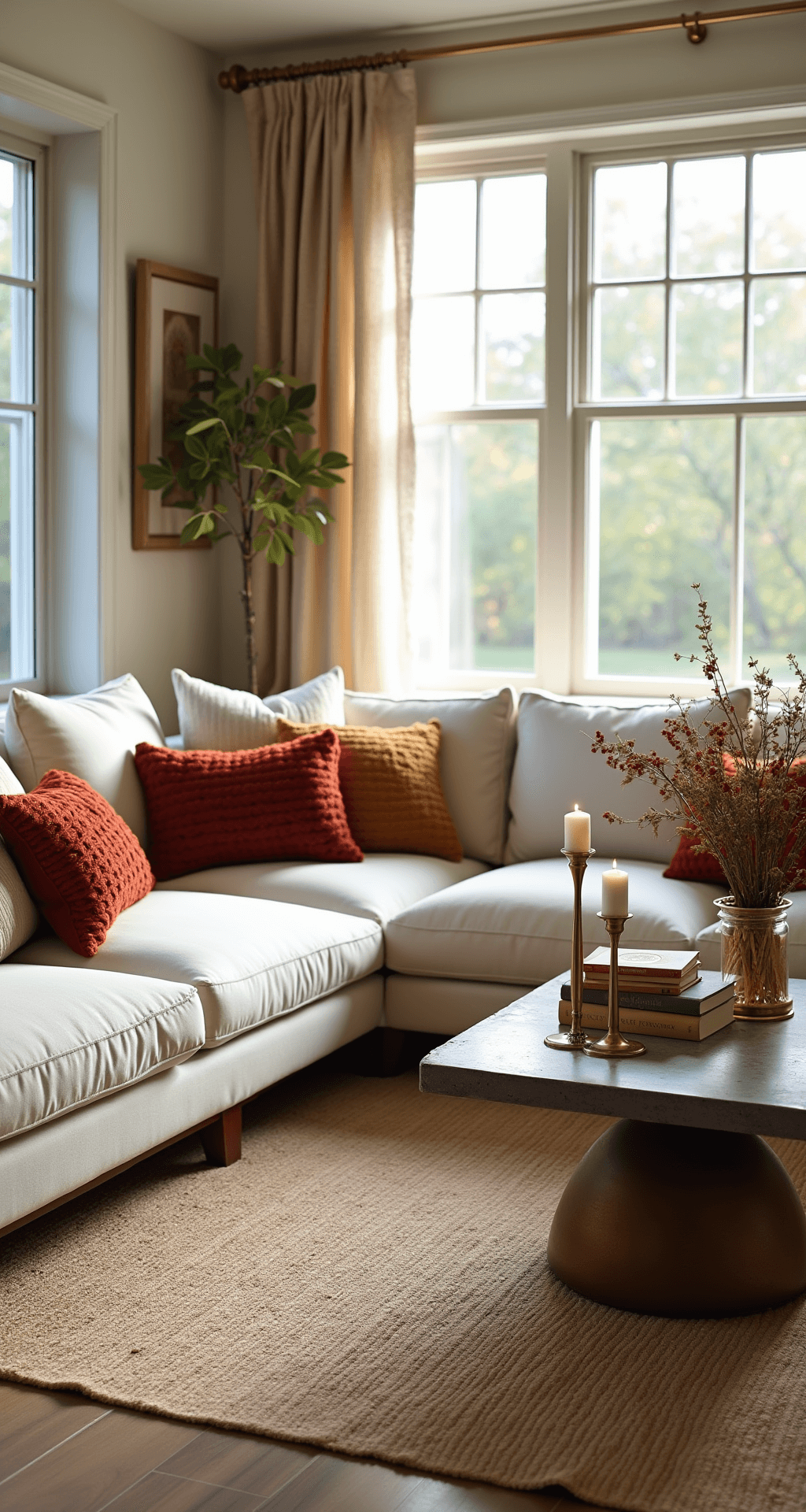 A spacious living room with a cream linen sectional and rust-colored velvet pillows, accentuated by chunky knit pillows. An oversized sisal rug anchors the room, complemented by a stacked coffee table with brass candlesticks and autumn botanicals. Large windows covered in sheer linen drapes allow soft, diffused afternoon light, featuring an earth-toned color palette with burgundy and golden accents.