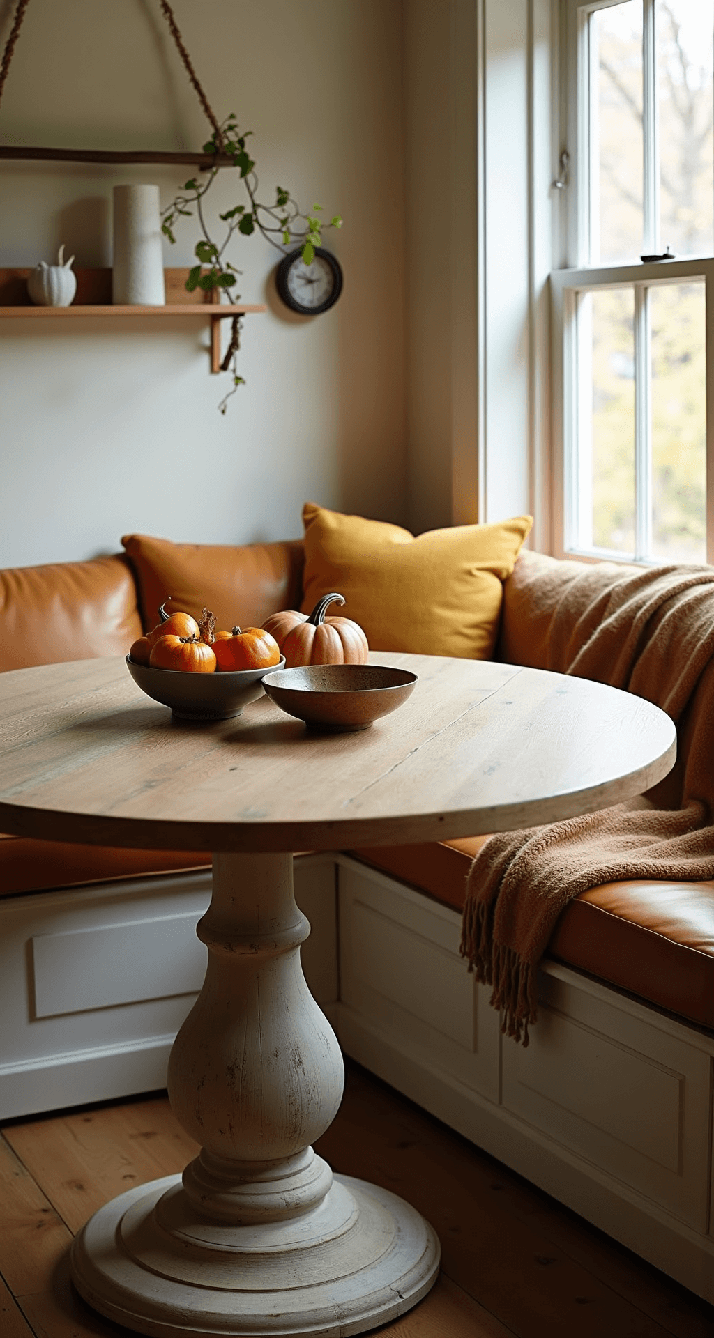 Intimate kitchen nook with a 48-inch round pedestal table in distressed white oak, topped with artisanal ceramic bowls of heirloom pumpkins and copper-toned fruit, and a honey-colored leather window seat layered with spice-toned wool throws, captured from a 45-degree angle in warm morning light.