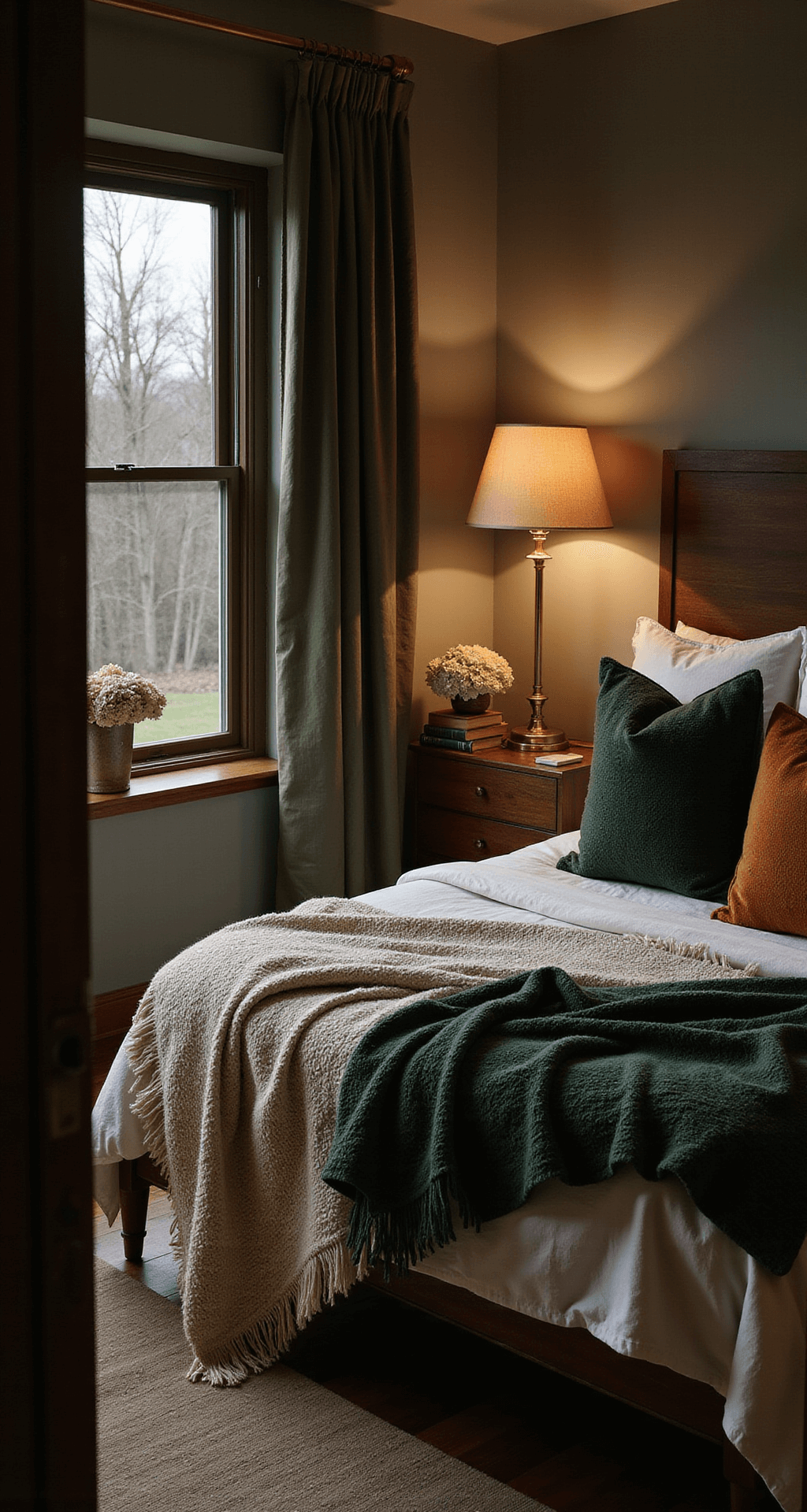 Cozy master bedroom at dusk featuring a king-sized bed with ivory linen, chunky knit throws, and deep forest green and burnt orange velvet pillows, a vintage brass lamp, asymmetrical nightstand with dried hydrangeas and leather-bound books, all captured from the doorway in a moody atmosphere.