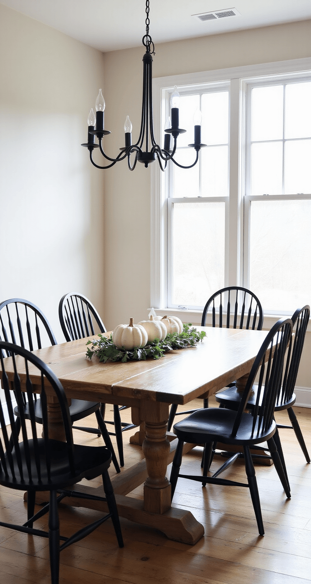 Modern farmhouse dining room featuring an 8ft reclaimed wood table under an iron chandelier, adorned with white pumpkins and an eucalyptus garland, surrounded by matte black Windsor-style chairs against cream walls. Natural light floods the space through a dramatic window wall, captured from a corner angle to highlight architectural details and a neutral color palette.