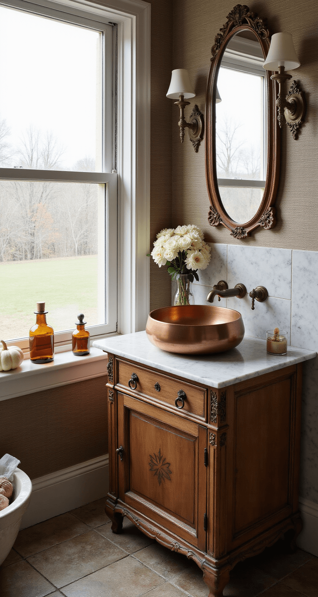 A close-up shot of a vintage washstand featuring a marble top and copper vessel sink, accented by an antique mirror, mini white pumpkins, and amber apothecary jars on the windowsill, set against warm taupe grasscloth wallpaper, with reflections of morning light highlighting the warm metallics and natural stone textures.