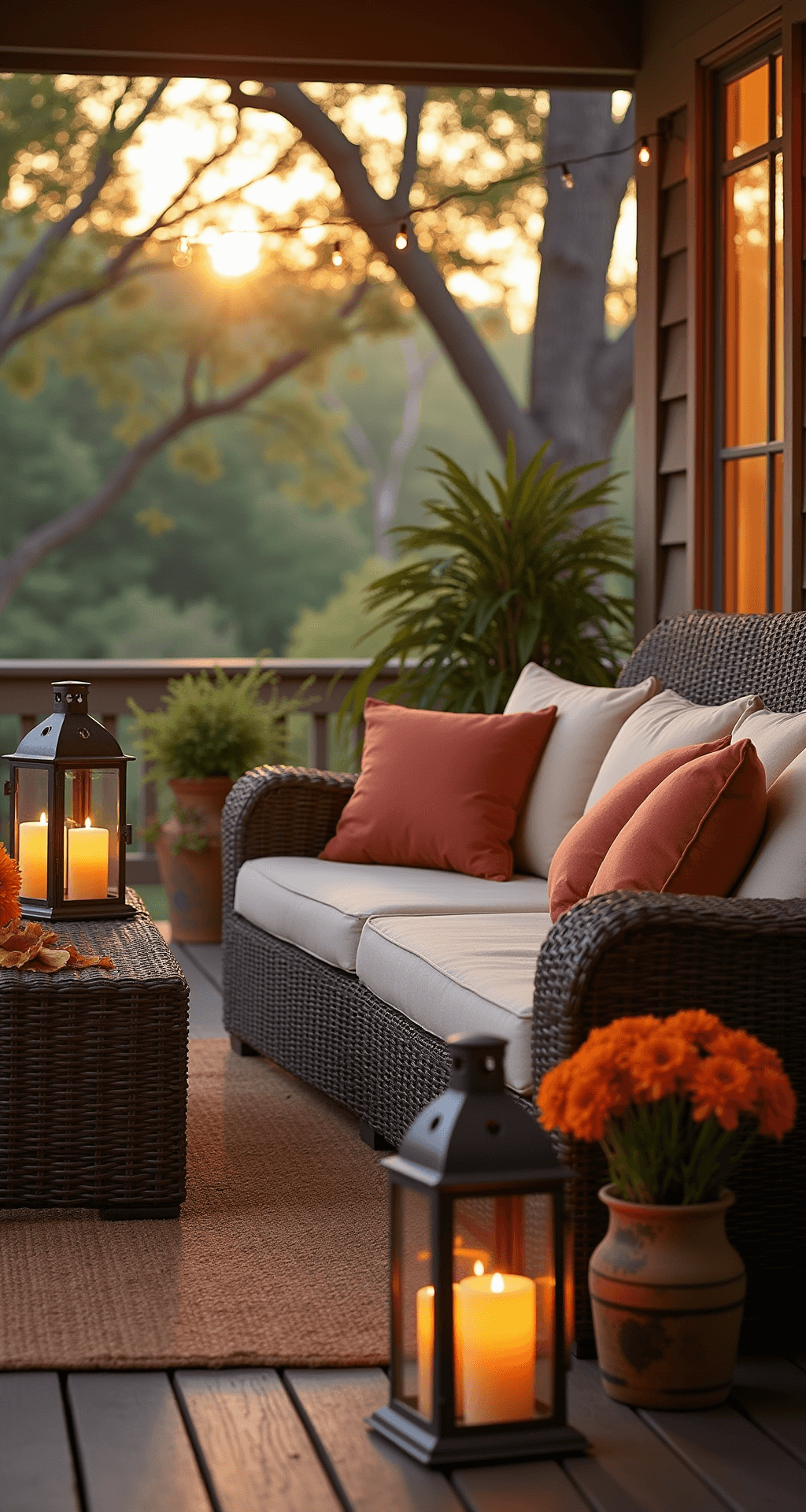 Cozy covered back porch at sunset featuring deep wicker seating with cream cushions and terra cotta pillows, vintage lanterns with flameless candles, potted mums, scattered oak leaves, and string lights, all illuminated by golden hour light.