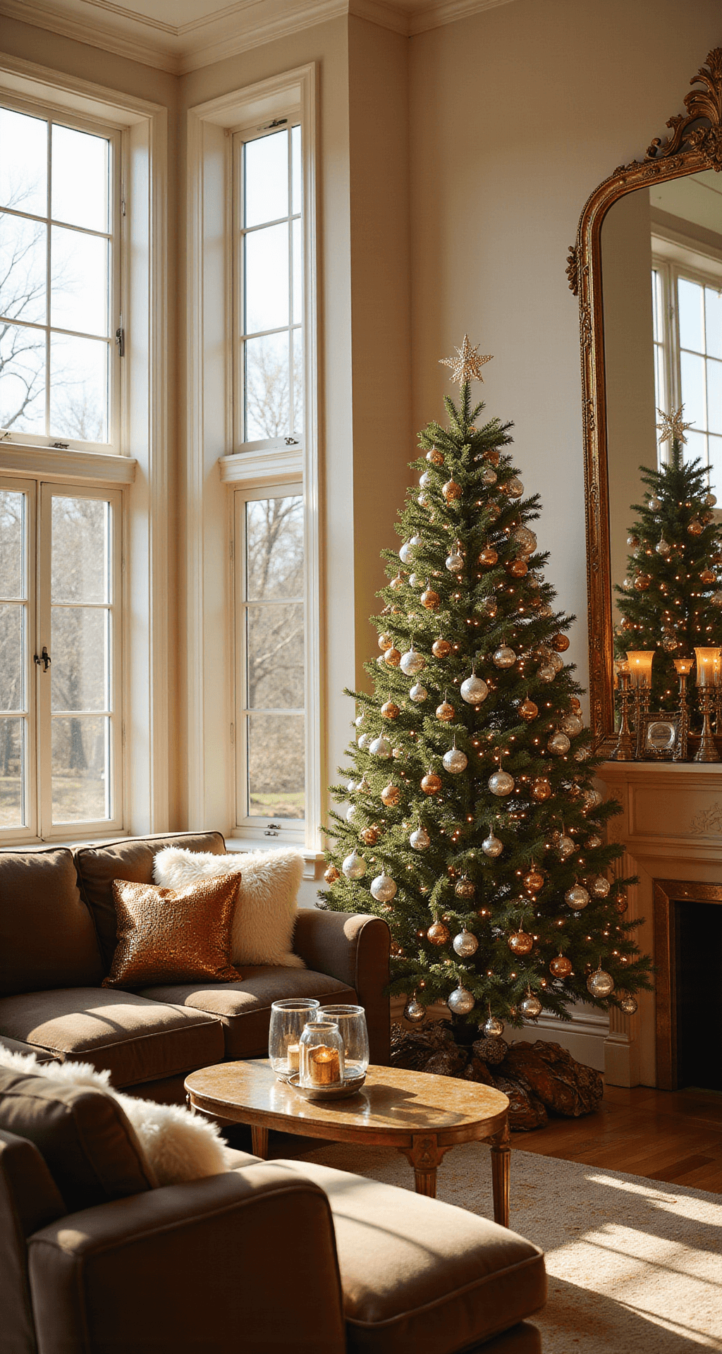 A glamorous living room with a disco ball Christmas tree, plush sectional, and warm lighting, captured at golden hour with dreamy bokeh.