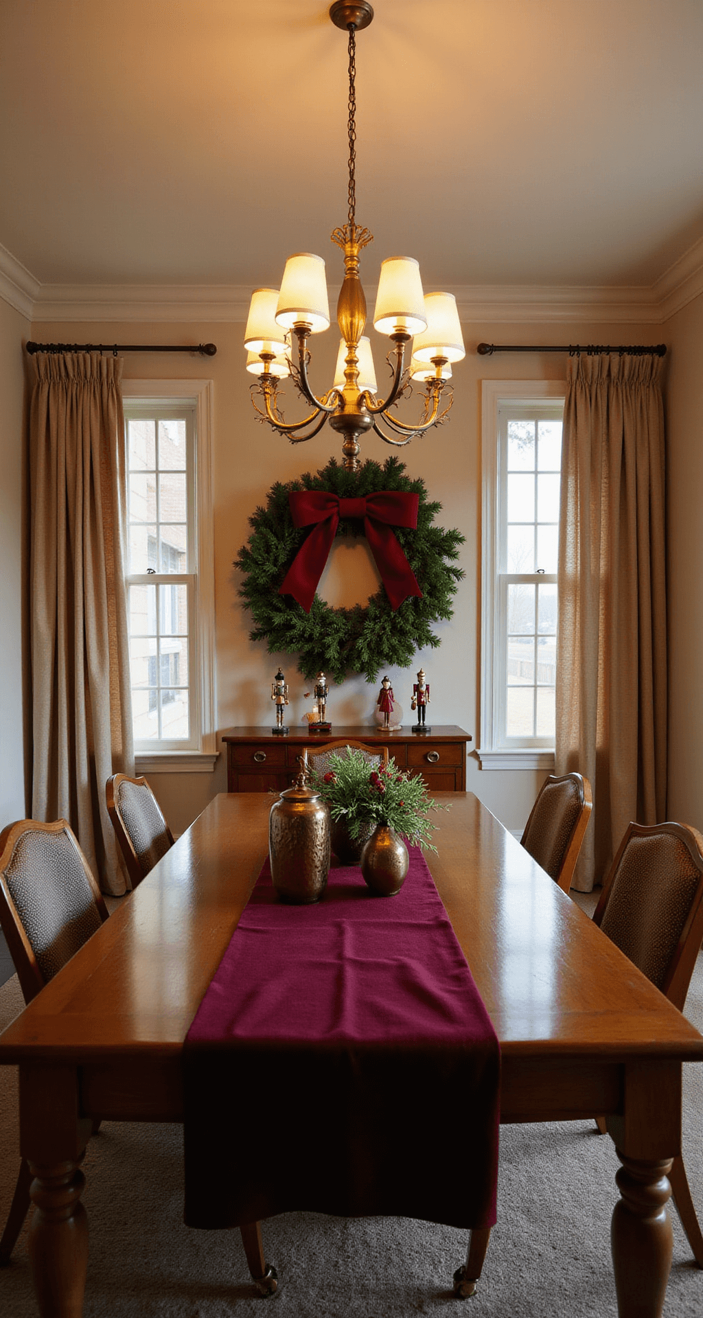 An intimate dining room at golden hour featuring a mahogany table with a deep burgundy runner, surrounded by warm light from an antique brass chandelier, and adorned with bronze mercury glass vessels. A large crimson velvet bow wreath dominates the far wall, flanked by modern metallic nutcrackers, with natural light streaming through sheer windows, highlighting diverse textures.