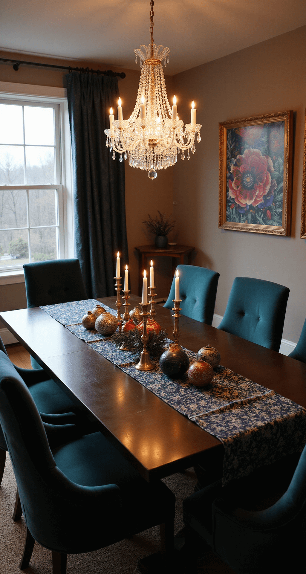 Intimate dining room at dusk featuring a traditional bay window, a global-inspired holiday tablescape with an indigo batik runner and brass candlesticks, dimmed vintage crystal chandelier, dark wood table with eight velvet-upholstered chairs in deep teal, and warm greige walls adorned with international artwork.