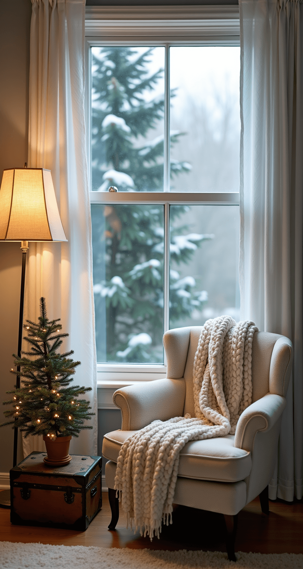 Cozy bedroom corner vignette showcasing an oversized window with gauzy white curtains, snow-dusted evergreens outside, a cream boucle armchair with winter white and sage knit throws, an antique brass floor lamp illuminating a vintage trunk side table, and fairy lights on a Norfolk pine, captured in soft focus.