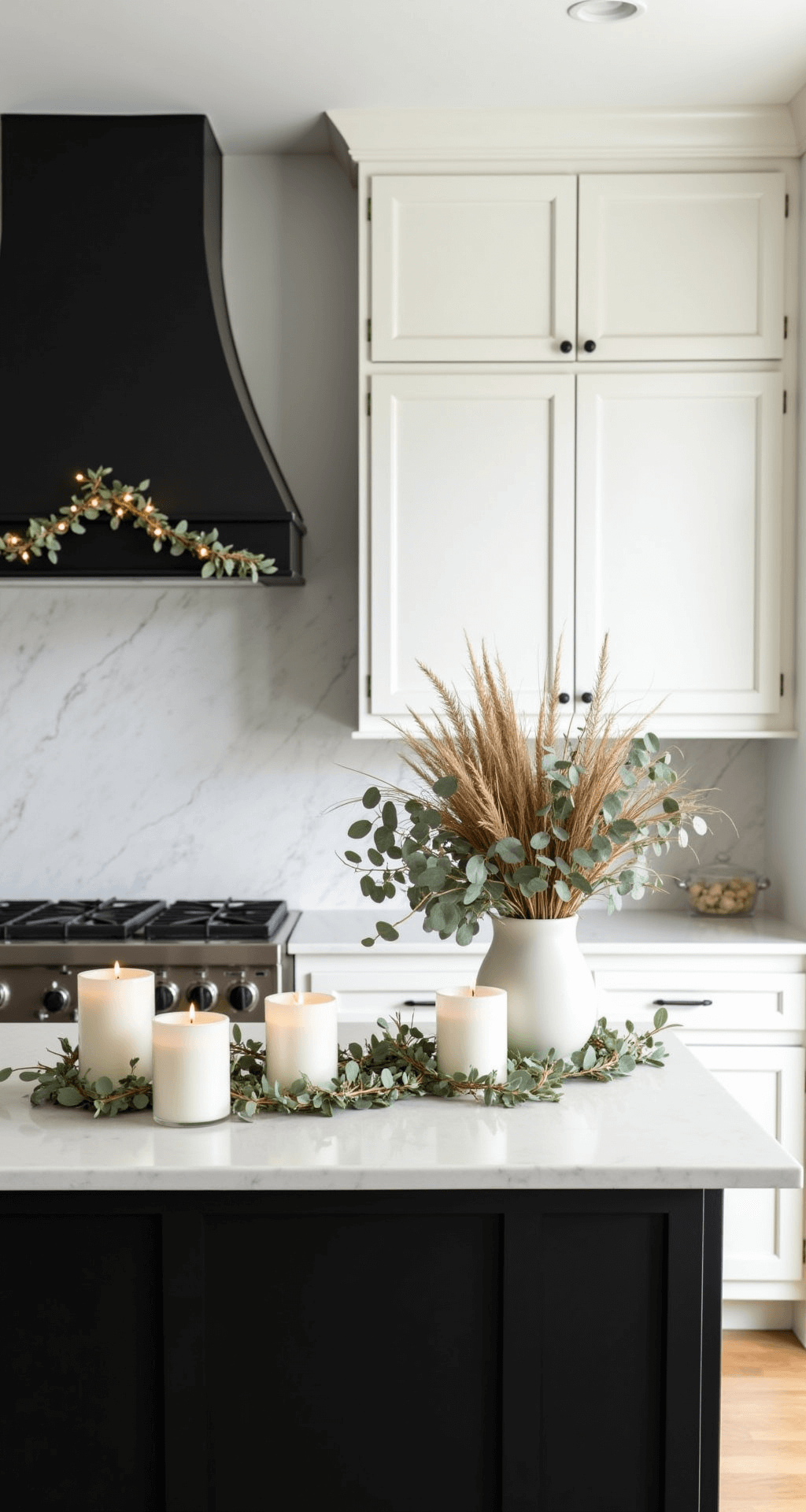 A modern open-concept kitchen featuring a matte black island with white marble top, adorned with LED pillar candles in frosted glass and a eucalyptus garland with copper wire lights, while white ceramic vessels display dried pampas grass and silver dollar eucalyptus, captured from an overhead angle.