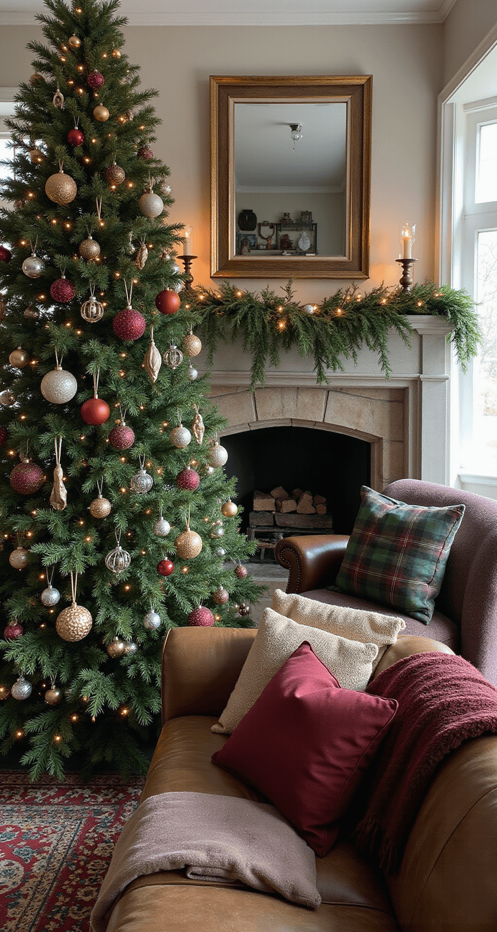 A cozy family room on Christmas Eve featuring a large noble fir tree decorated with vintage ornaments, a limestone fireplace with asymmetrical cedar garland and dried fruits, and a weathered leather Chesterfield sofa adorned with wool throws and velvet pillows. The scene is captured from a child's perspective, highlighting the tree's impressive height.