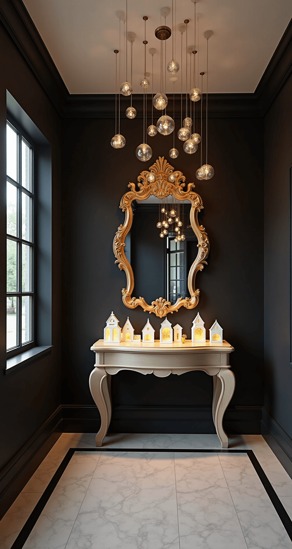 A contemporary twilight entryway featuring black walls adorned with illuminated mercury glass orbs at varying heights, a bleached oak console table with white ceramic houses glowing with golden lights, and an oversized antique gold mirror reflecting the warm ambiance, captured from a low angle.