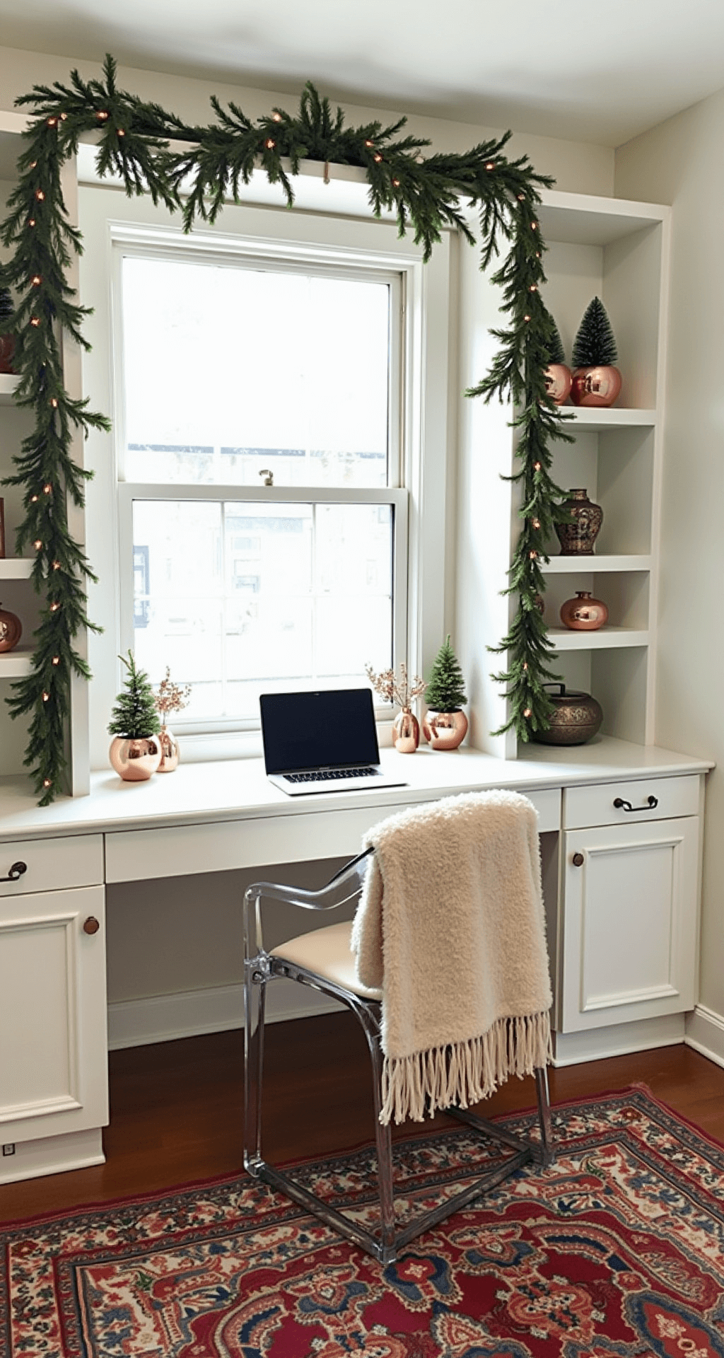 A transformed petite home office decorated for the holidays, featuring a floating desk with asymmetrical pine garland and copper lights facing a window, a vintage kilim rug, a lucite chair with an alpaca throw, and built-in shelves displaying mercury glass and copper vessels alongside miniature trees, captured at desk height to highlight the functional yet festive workspace.