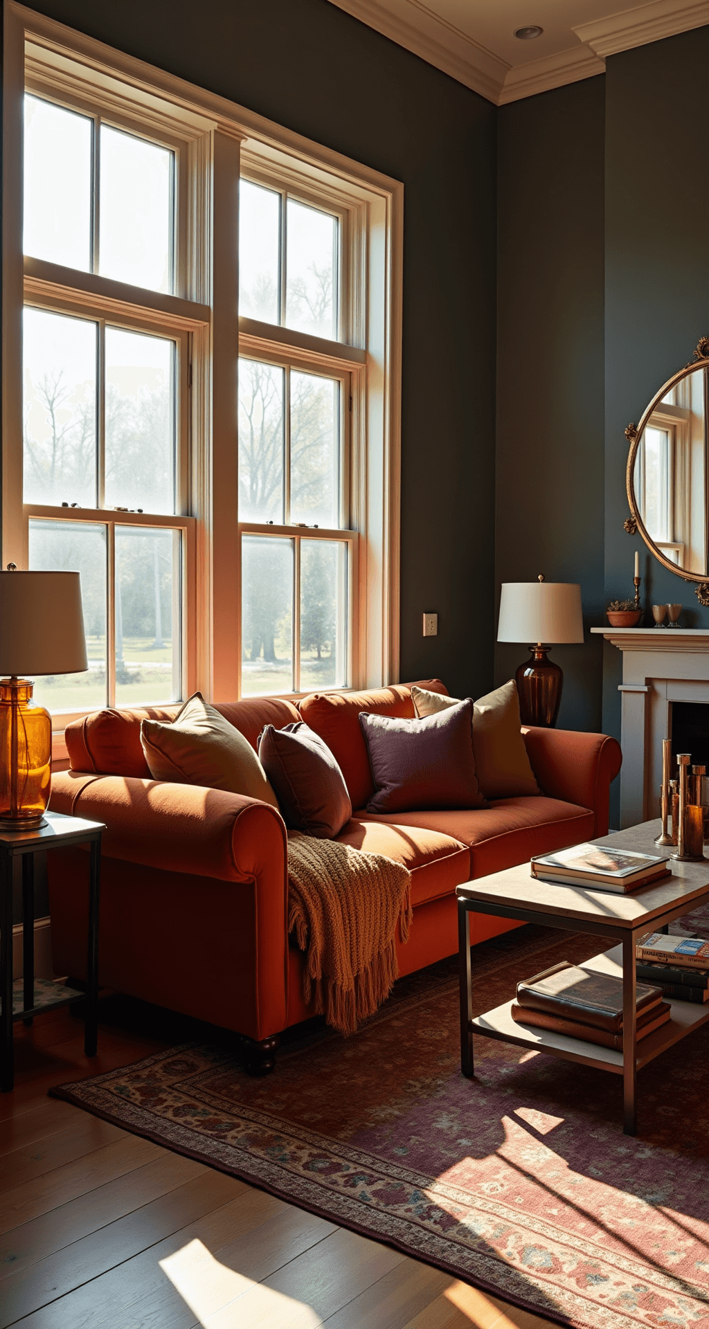 A warm and inviting living room featuring a rust-colored velvet sofa with colorful pillows, a charcoal gray accent wall with a vintage brass mirror, and hardwood floors partially covered by a vintage Persian rug, all illuminated by golden hour sunlight streaming through tall windows.