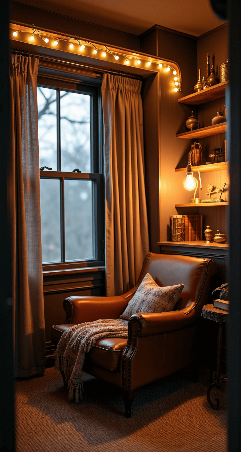 A cozy reading nook at dusk featuring a vintage cognac brown leather armchair under a window with sheer linen curtains, surrounded by a tall built-in bookshelf filled with antique brass objects and leather-bound books, adorned with warm-toned string lights and a handwoven plaid textile throw on a natural jute rug, all illuminated by a moody Edison bulb floor lamp.