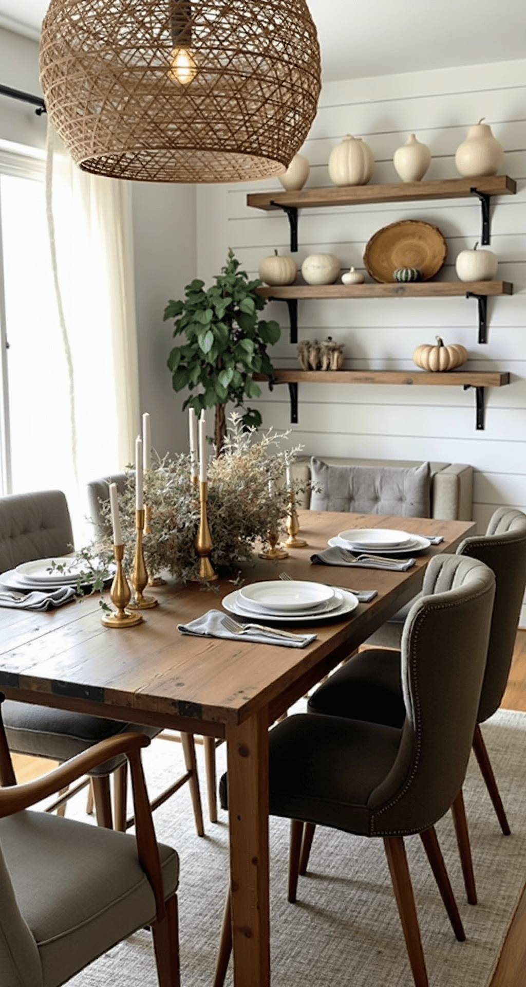 A high-angle shot of a modern farmhouse dining room, highlighting a reclaimed wood table adorned with a fall centerpiece of dried eucalyptus, preserved leaves, and local pumpkins, surrounded by mixed dining chairs in olive velvet and natural wood, with vintage brass candlesticks and a cream ceramic pottery collection on open shelving, illuminated by morning light and a woven pendant light.