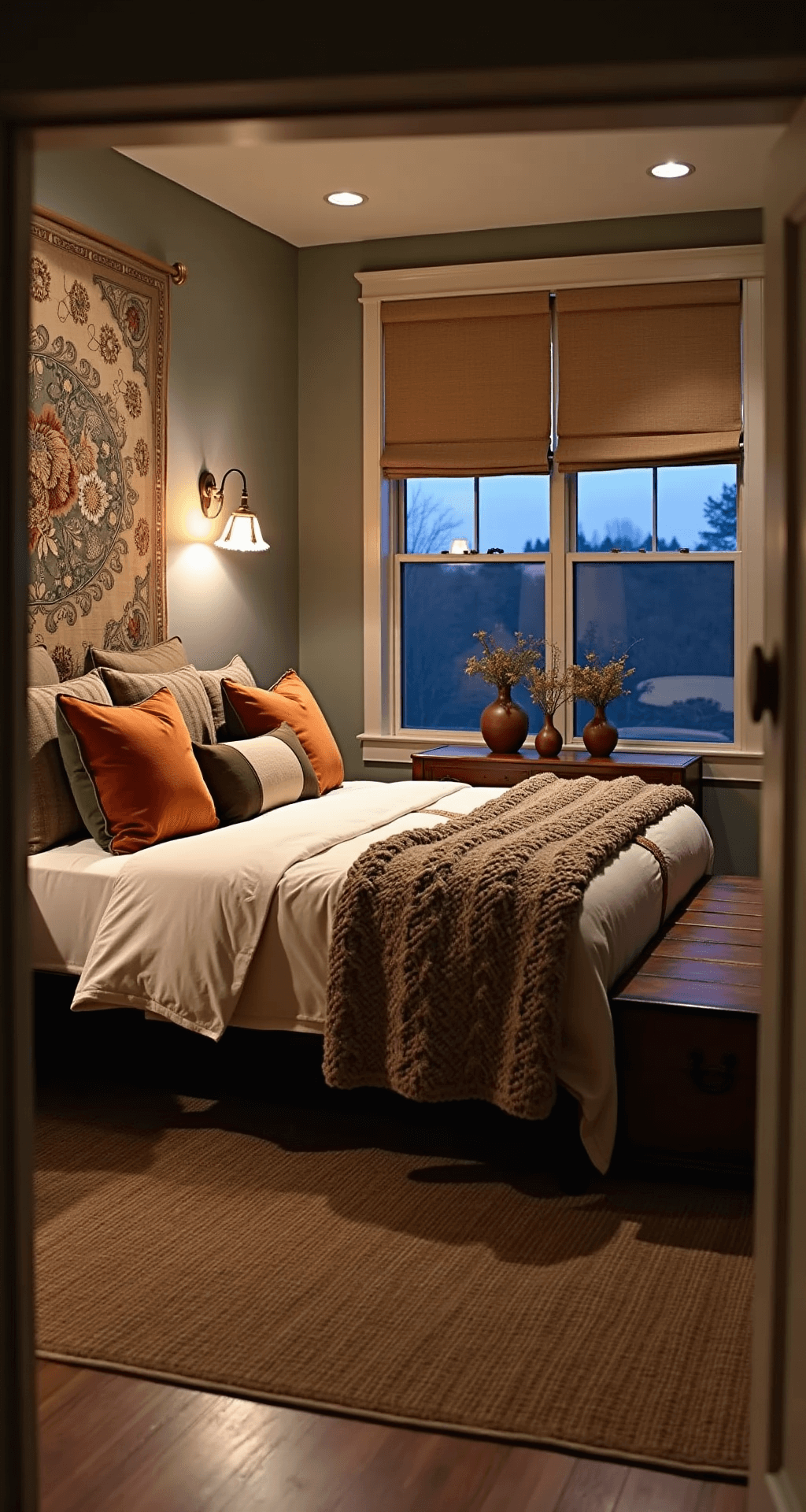 A spacious master bedroom at twilight featuring a king bed adorned with luxury linens in deep earth tones, handmade pumpkin pillows, and velvet euro shams, with a vintage tapestry as a headboard. Brass wall sconces illuminate the room, and natural fiber roman shades diffuse the evening light. An antique wooden trunk at the foot of the bed showcases a chunky knit throw, while clay vessels on nightstands hold dried botanicals.