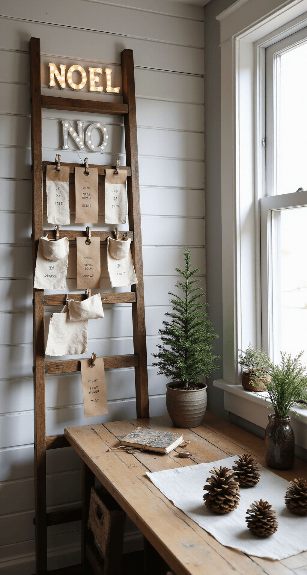 A cozy 10x12ft craft room filled with cool morning light, featuring a vintage ladder displaying handcrafted advent calendars made from natural linens and kraft paper. Custom marquee letters spelling 'NOEL' in warm white LED lights are set against a shiplap wall. A worktable is adorned with scattered pinecone topiaries in different stages of completion. The scene is captured from above at a 45-degree angle, highlighting the crafting details with diffused and task lighting enhancing the textured surfaces.