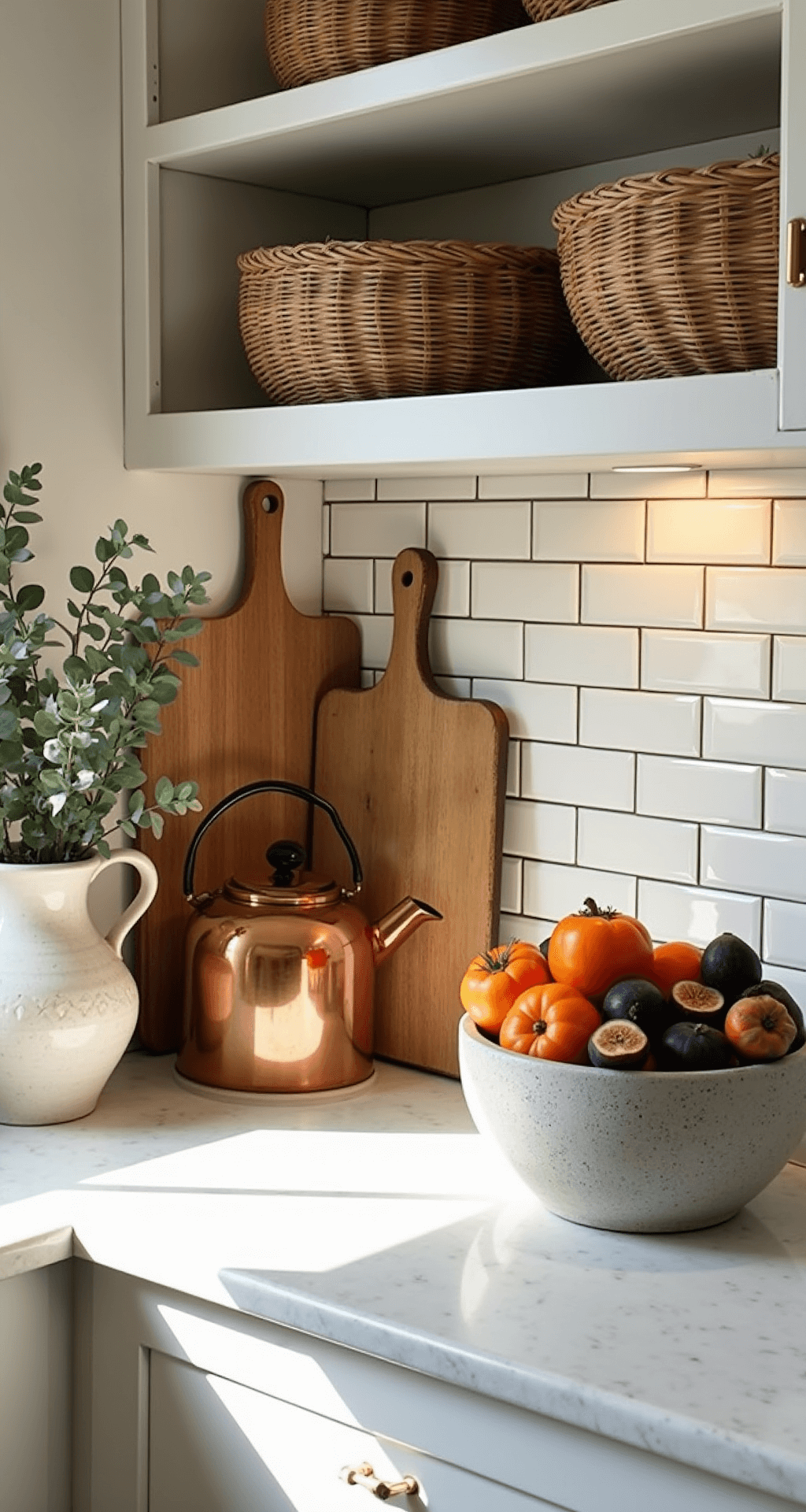 Close-up of a kitchen counter styled with vintage wooden cutting boards against a subway tile backsplash, featuring copper kettles, a bowl of seasonal persimmons and figs, fresh eucalyptus in a pottery vase, and warm under-cabinet lighting illuminating woven baskets above.
