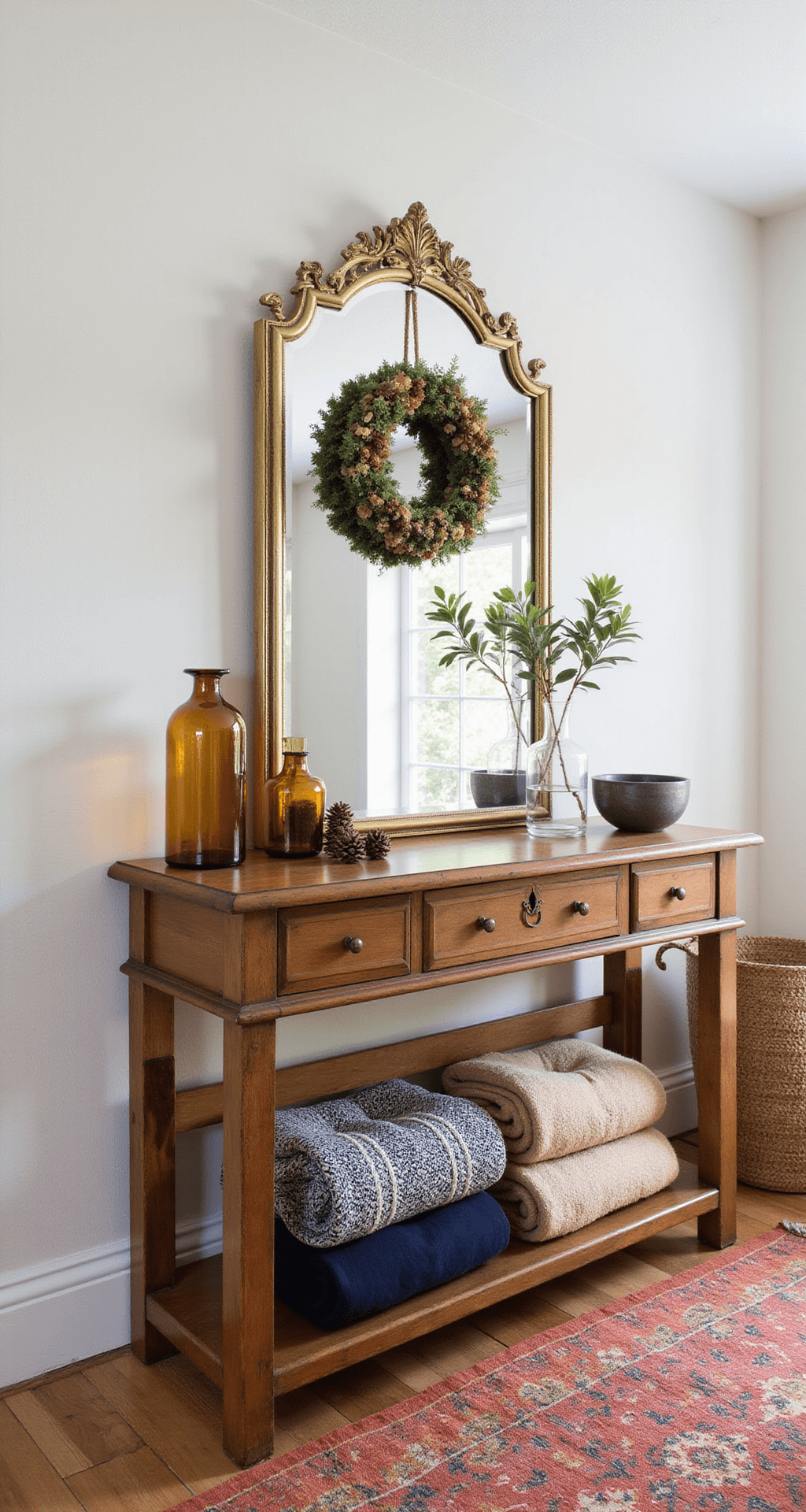 An entryway scene featuring a vintage wooden console with a brass-framed mirror reflecting warm afternoon light. A handmade dried flower wreath hangs above the console, which is decorated with collected pine cones, preserved leaves, and amber glass hurricanes. A rust and navy vintage runner leads the eye through the space, while a woven basket beneath the console holds cozy blankets.