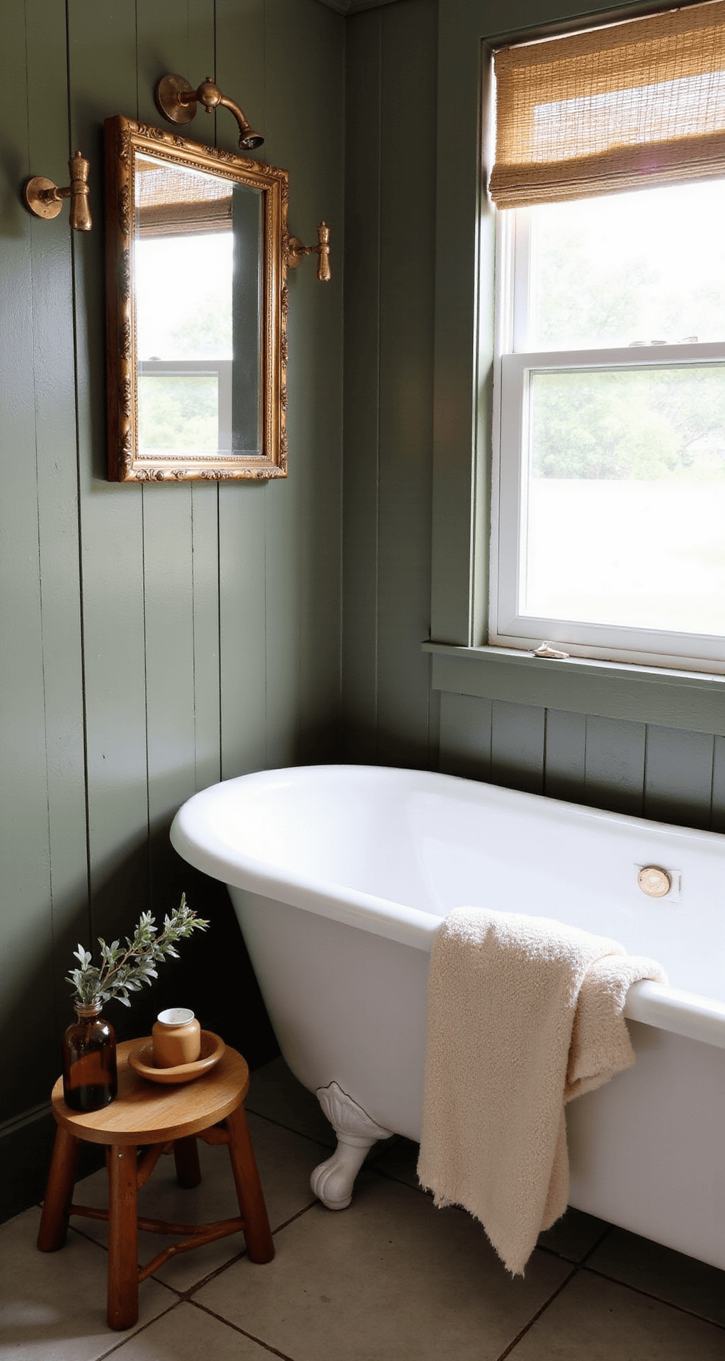 A clawfoot tub vignette in a softly lit bathroom with dark olive board-and-batten walls, featuring a vintage wooden stool with amber glass bottles and a clay soap dish, dried eucalyptus hanging from a copper pipe, and a vintage brass mirror reflecting candlelight, all complemented by casually draped cream bath linens.