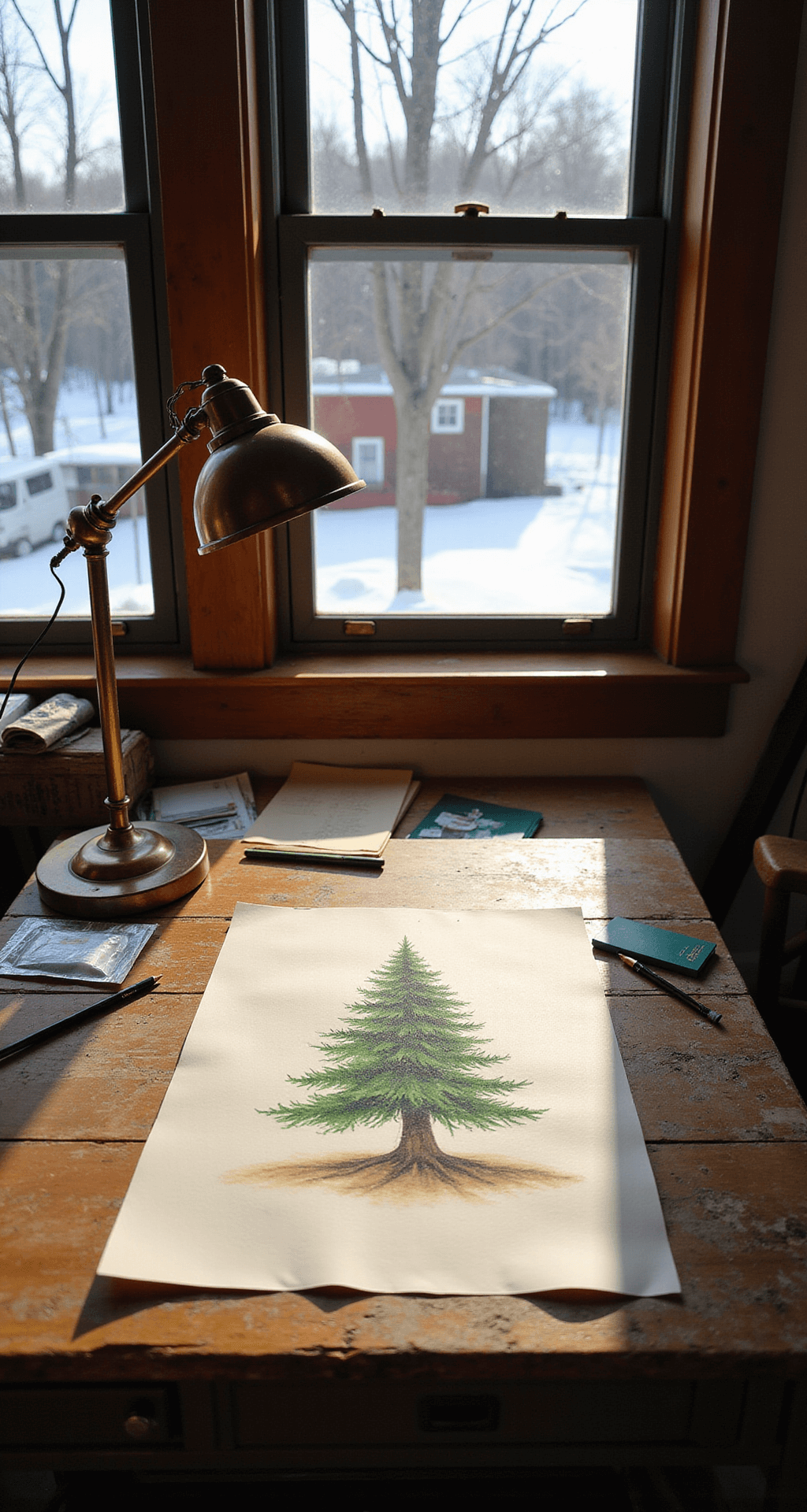 Interior art studio with large north-facing windows, featuring a wooden drafting table with a half-finished Christmas tree sketch and scattered art supplies. A vintage brass desk lamp adds warm lighting to the creative workspace, accented by rich wood tones and festive green materials. Capture from an overhead angle at 45 degrees.